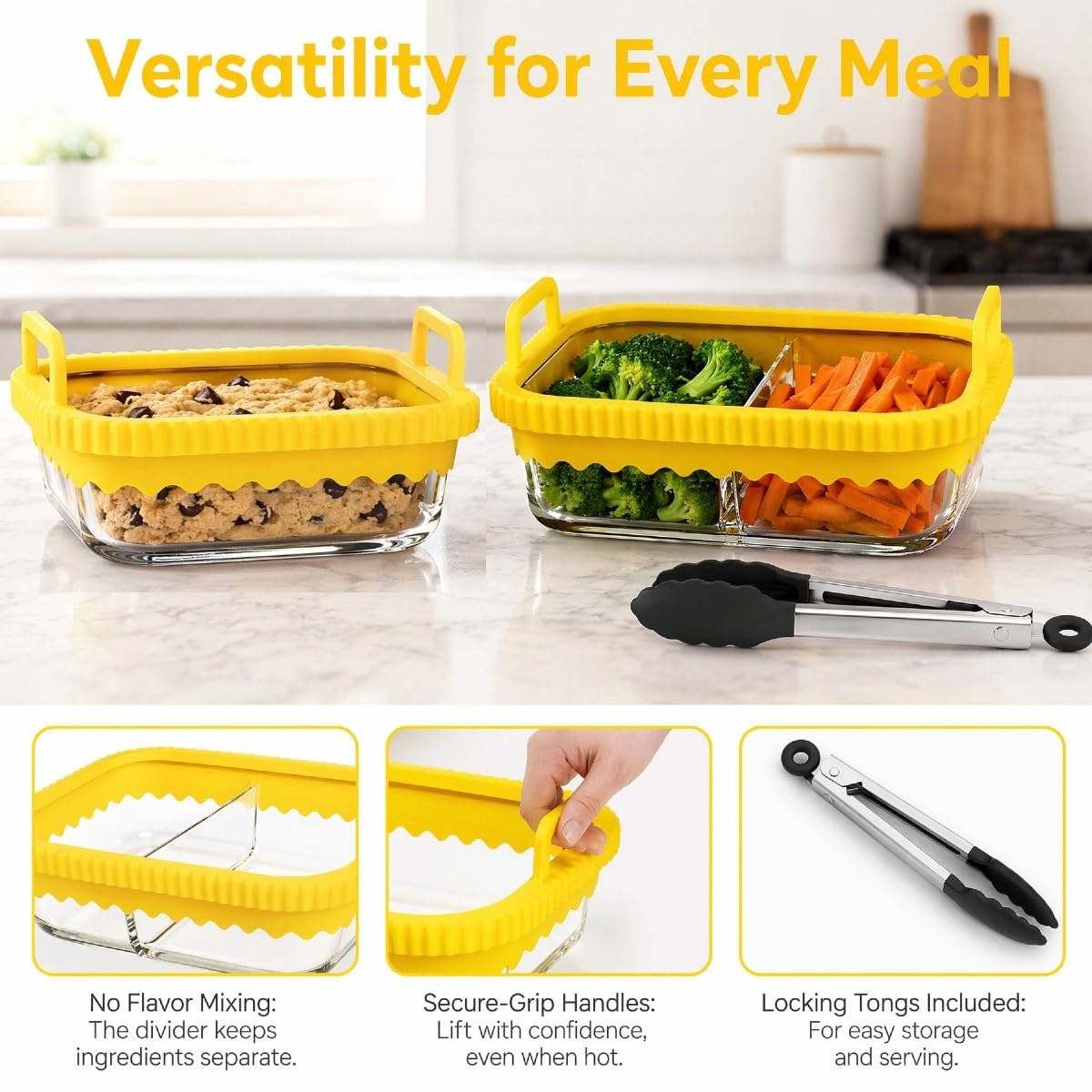 2 Pz Pirofila Airfryer con 1 Pinze da Cucina, Teglia Vetro da Forno con Manici in Silicone rimovibili Pirofila in Vetro Compatibile con Ninja AF400EU/DZ400EU/SL400EU/COSORI/AF500EU, Giallo