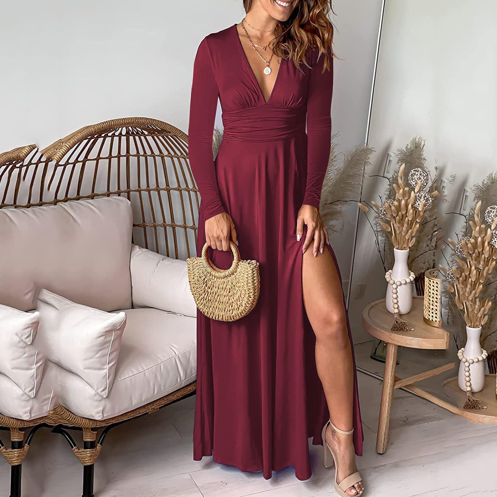 Vestido de cóctel sexy para mujer, cuello en V profundo, manga larga, plisado, cintura alta, abertura, club, fiesta, noche, noche, salida nocturna, cumpleaños, cita