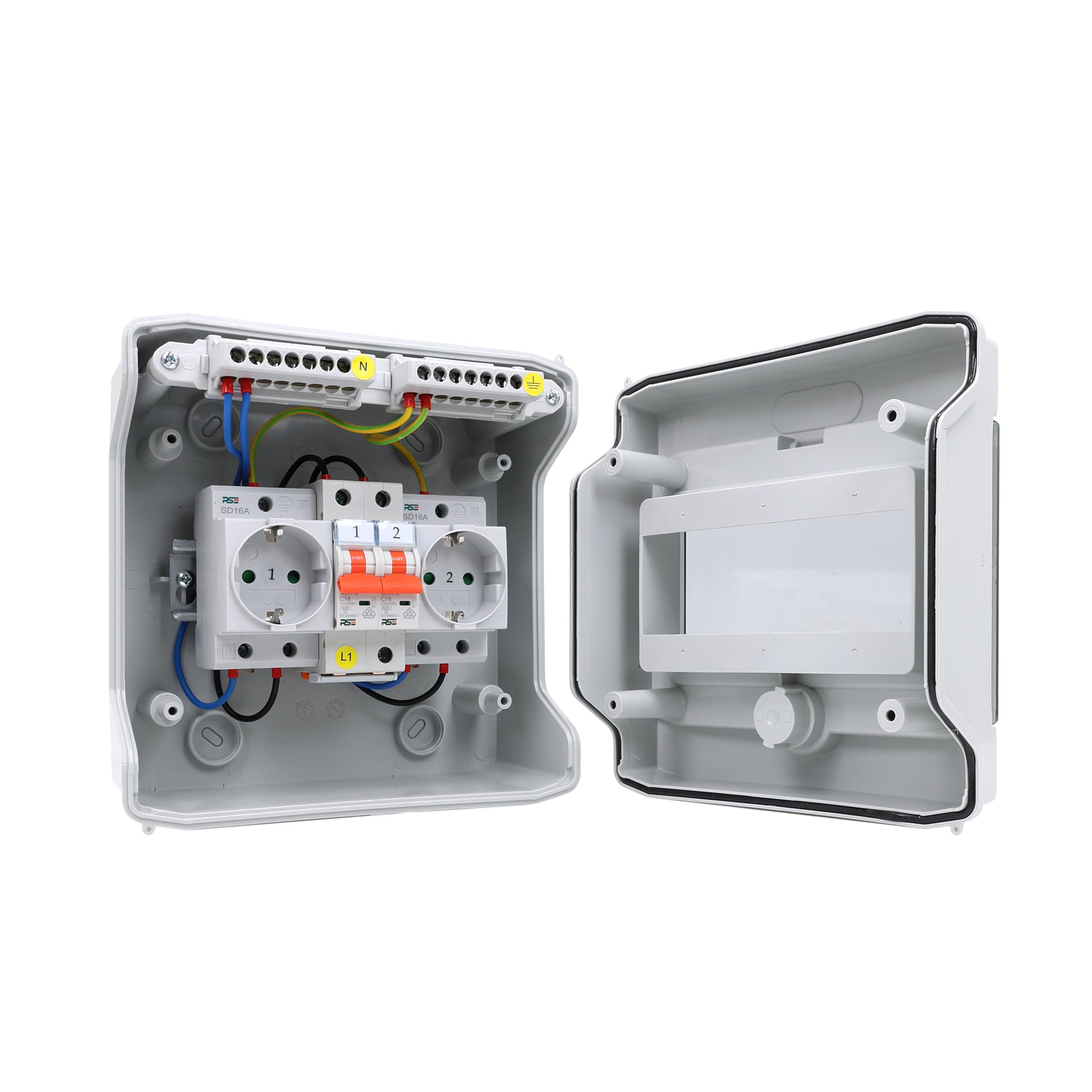 RSE DualPowerBox IP65 – 2 x TH35 gniazda Schuko, każde z oddzielnym wyłącznikiem C16, odporne na warunki atmosferyczne (IP65 przy zamkniętym oknie), 230 V do użytku na zewnątrz i na placu budowy
