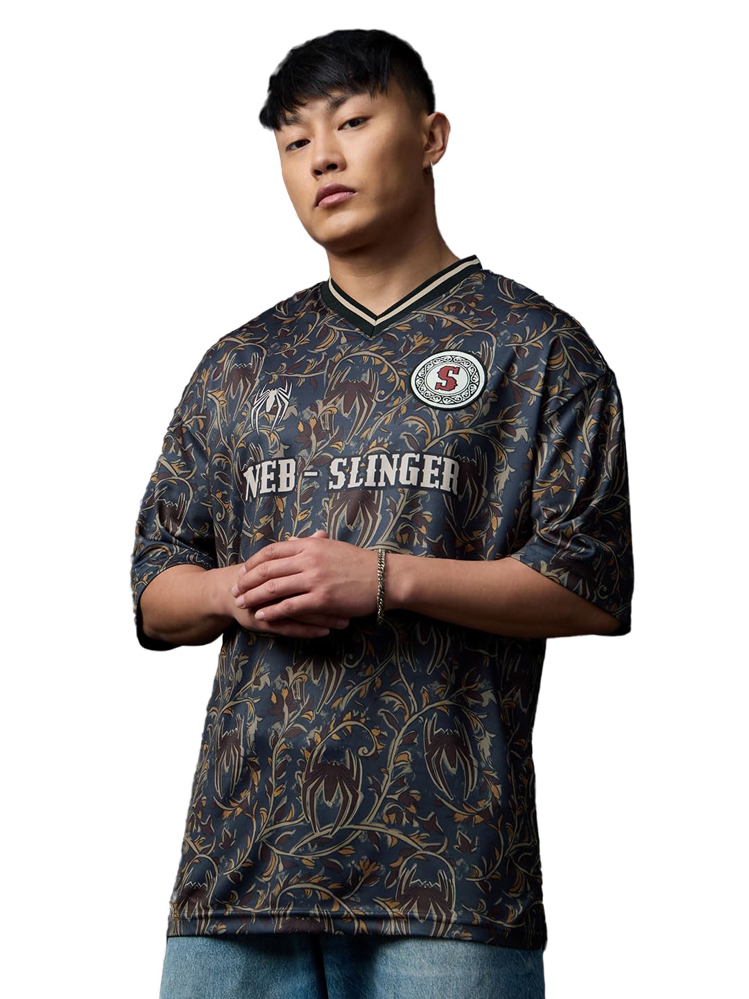 the souled store Spider-Man: Desi Web Slinger Men and Boys Short Sleeves V-Neck Charcoal Grey Printed Casual Lightweight Drop Shoulder Streetwear Easy Dry Oversized Jerseys-picture-34