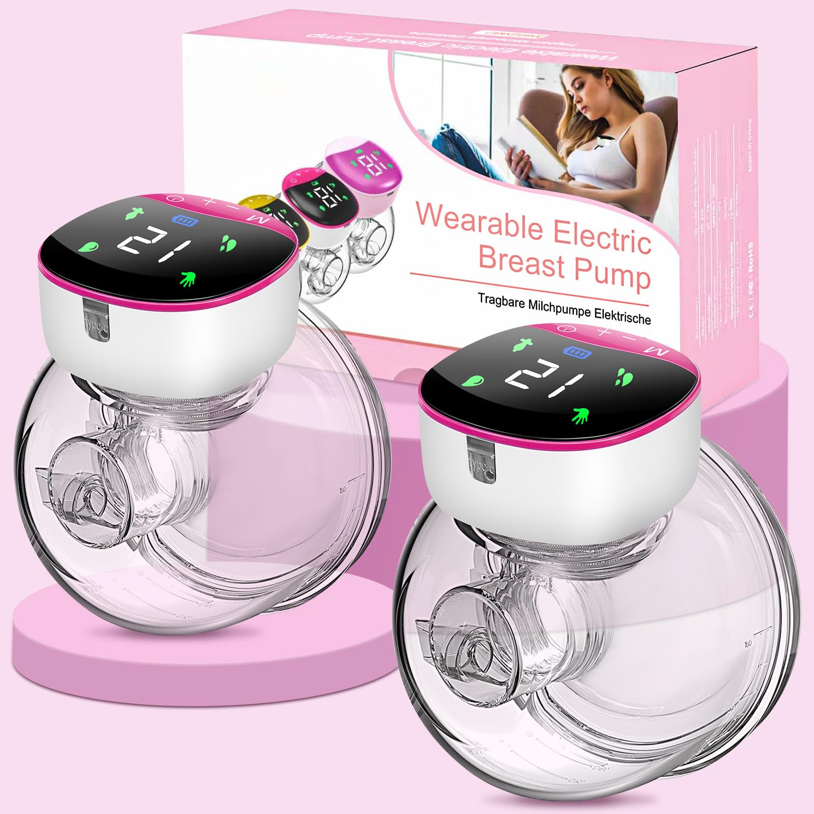 Breast Pump Hands Free, Wearable Breastfeeding Pump with 4 Modes & 12 Levels, Portable Electric Breast Pump Strong Suction, LCD Display, Low Noise,Leak-Proof Design, Sealed 24mm Flange, 2 Pack