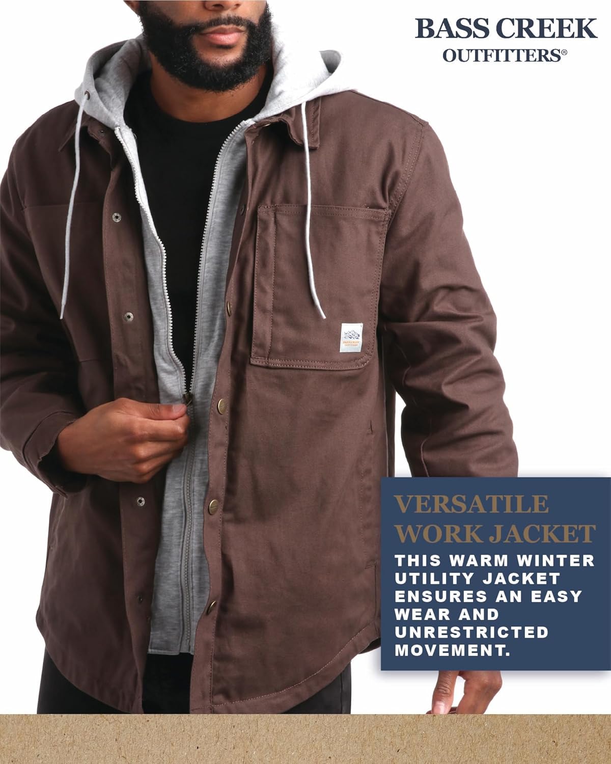 Bass Creek Outfitters Canvas Mens Jacket - Insulated Workwear Fleece Zip Front Duck Canvas Mens Winter Jacket with Hood - Image 5