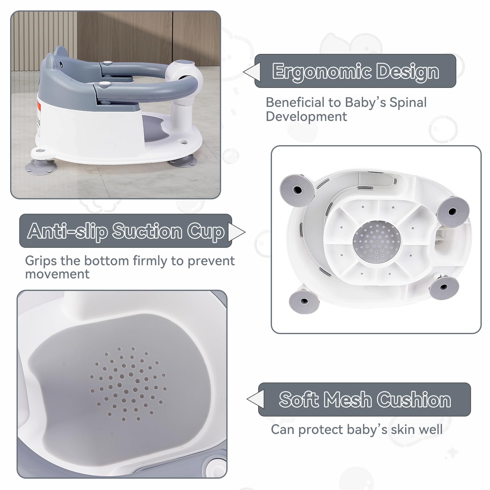 Seggiolino per Vasca da Bagno per Bambini,Seggiolino da Bagno,Sedia Doccia Bambini,Schienale Ergonomico e Barra di Sicurezza Apribile,Sicuro e Antiscivolo,Regalo per Neonati e Neomamme