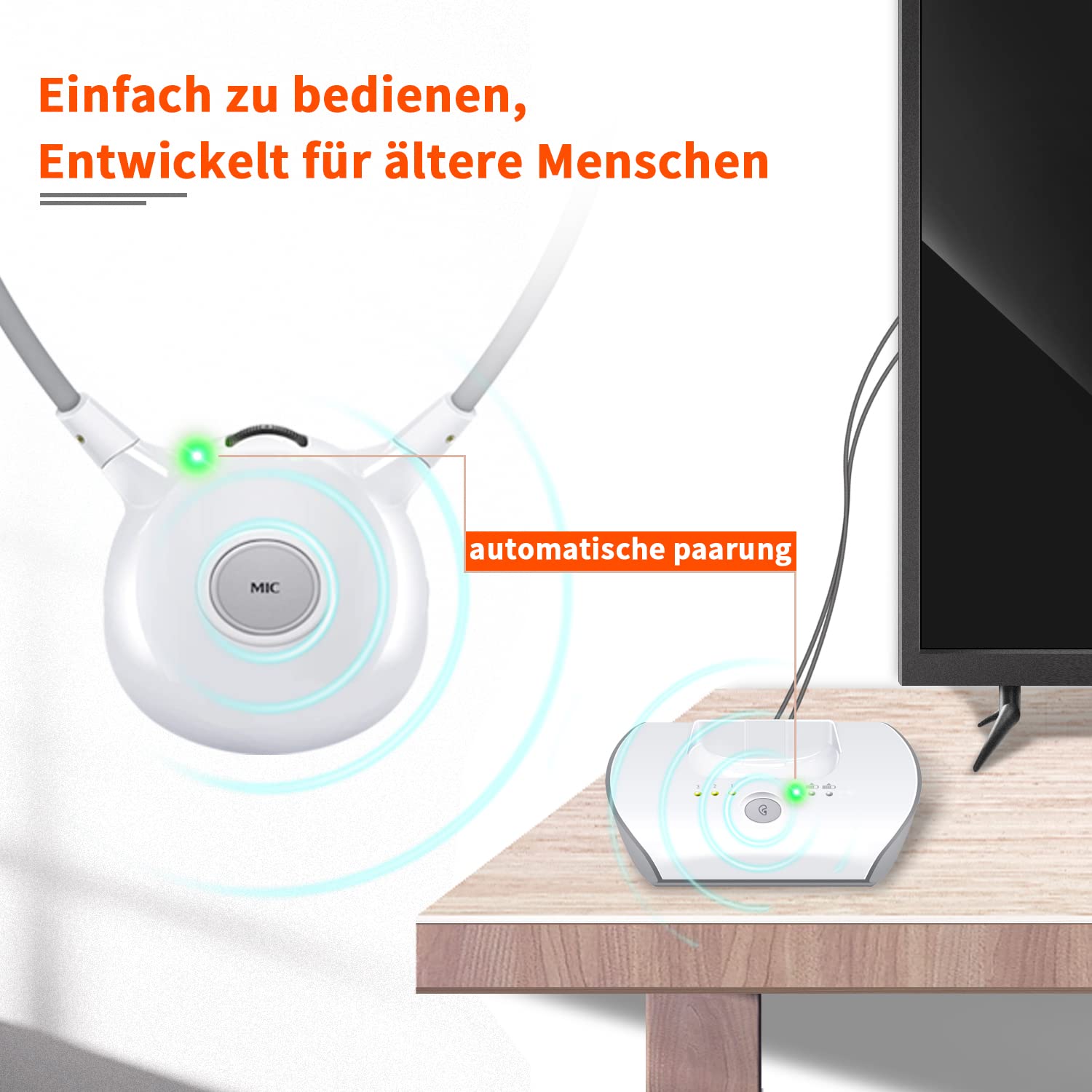 APH100 Funkkopfhörer für Fernseher, 2,4 GHz TV Kopfhörer Drahtlos für Ältere Menscher (3,5mm AUX, RCA, Inkl. 2er Akkus und Zwei Sets Ohrstöpseln)