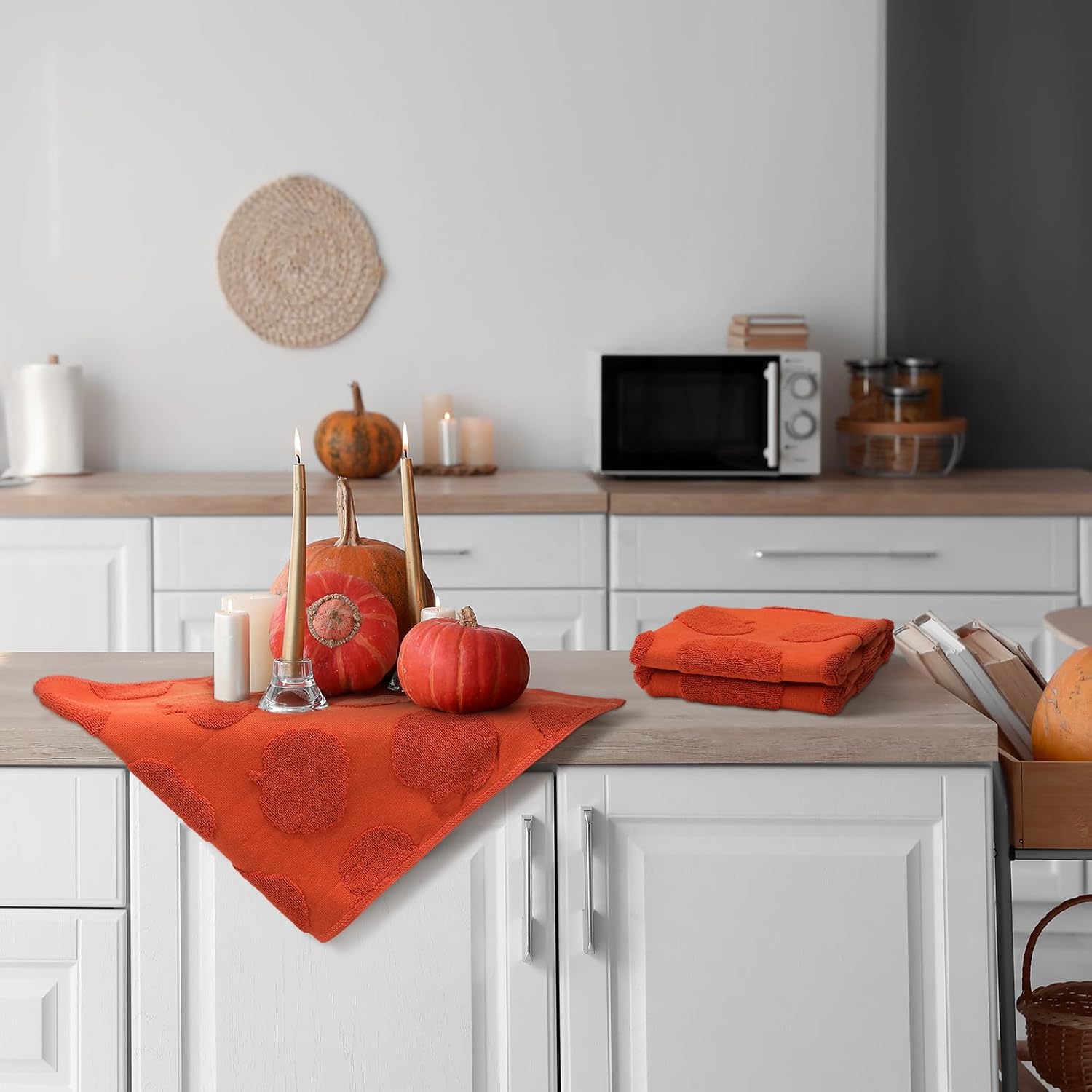 2 Pcs Thanksgiving Fall Pumpkin Hand Towels for Bathroom 100% Cotton Acquard Weave Thanksgiving Hand Bath Towels Absorbent Dish Washcloth for Kitchen Bathroom Decor Fall Gifts, 29.5 x 13.7 Inch - Image 5