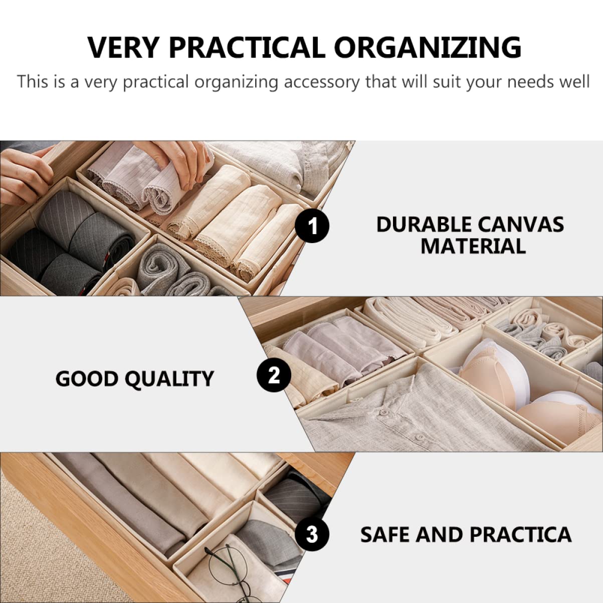 ULTECHNOVO Set 3 Pezzi Scatole Organizzatore Beige per Biancheria Intima e Calzini, Contenitore per Cassetti, per Camere e Ordinamento