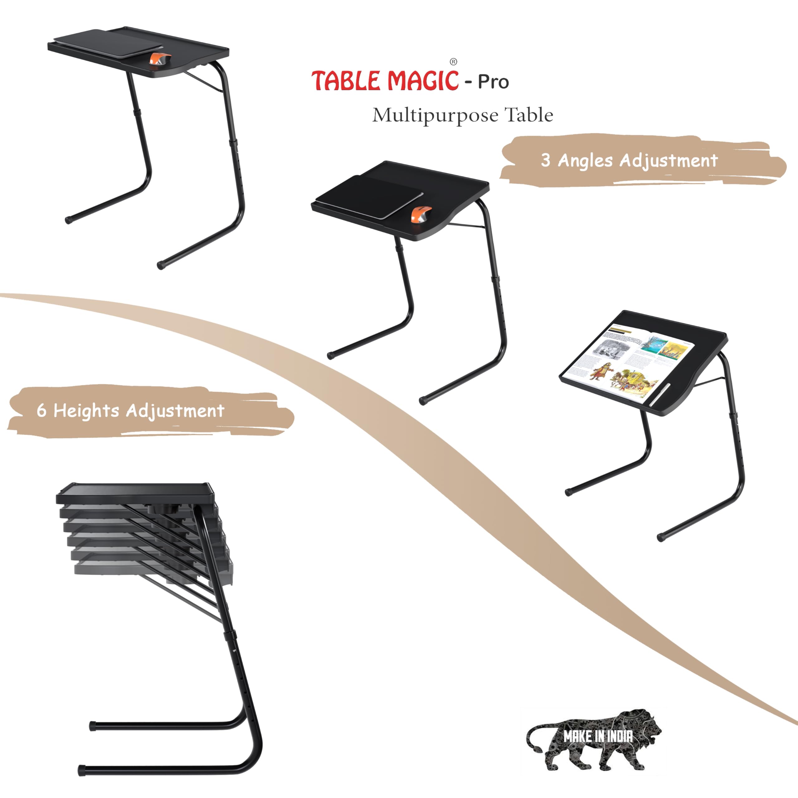 TABLE MAGIC - Pro Extended Work Space Laptop Table Mat Finish Laptop Table Multipurpose Height Adjustable Work Study Tv Tray Table Lap Desk (Smart, Black), Polypropylene 2