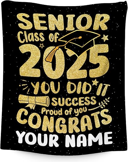 Personalized Graduation Blanket - Custom Class of 2025 Graduation Gifts for Her or Him - 40"x50" Flannel Soft Throw Decorations - Senior 2025 Gold Blankets for College, High School