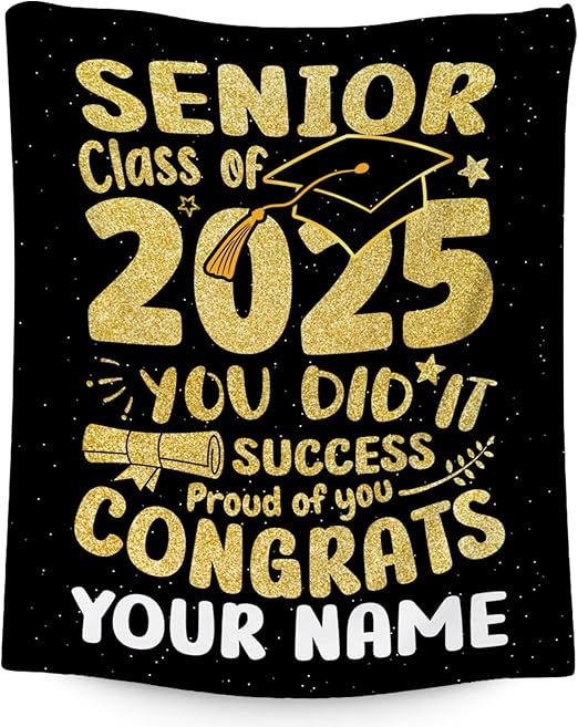 Personalized Graduation Blanket - Custom Class of 2025 Graduation Gifts for Her or Him - 40"x50" Flannel Soft Throw Decorations - Senior 2025 Gold Blankets for College, High School