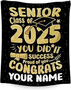Personalized Graduation Blanket - Custom Class of 2025 Graduation Gifts for Her or Him - 40"x50" Flannel Soft Throw Decorations - Senior 2025 Gold Blankets for College, High School
