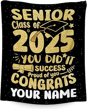 Personalized Graduation Blanket - Custom Class of 2025 Graduation Gifts for Her or Him - 40"x50" Flannel Soft Throw Decorations - Senior 2025 Gold Blankets for College, High School