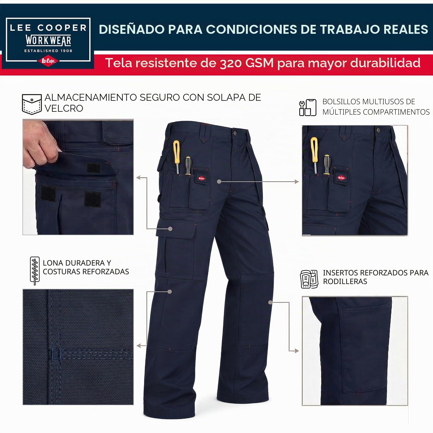 Lee Cooper LCPNT206 Ropa de Trabajo para Hombres con múltiples Bolsillos y Bolsillos para Rodilleras, Pantalones de Carga de Trabajo