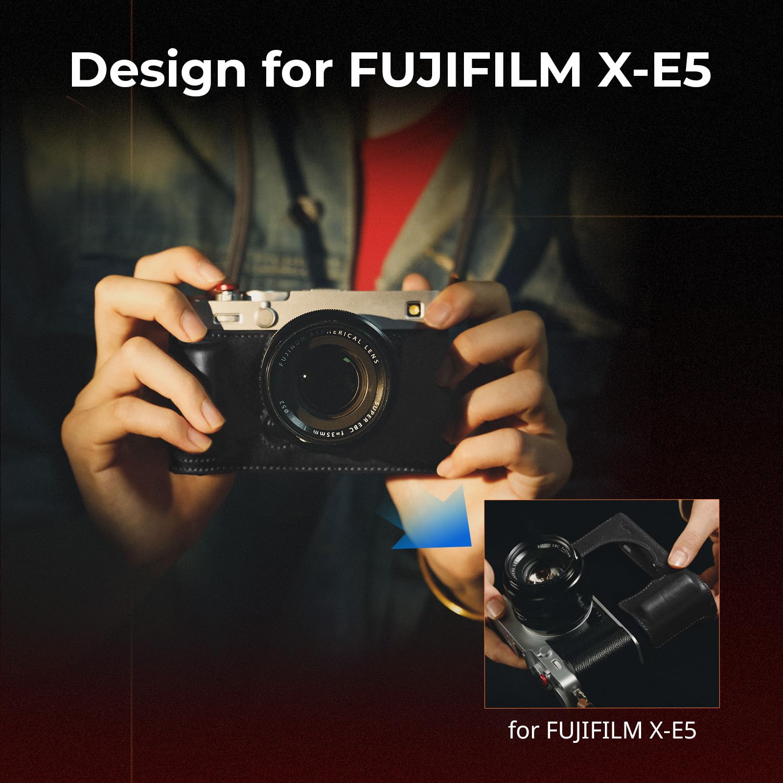 SMALLRIG Zestaw skórzanych futerałów do FUJIFILM X-E5, Vintage Half-Body Shell do FUJIFILM X-E5, z paskiem na ramię (czarny) - 5450