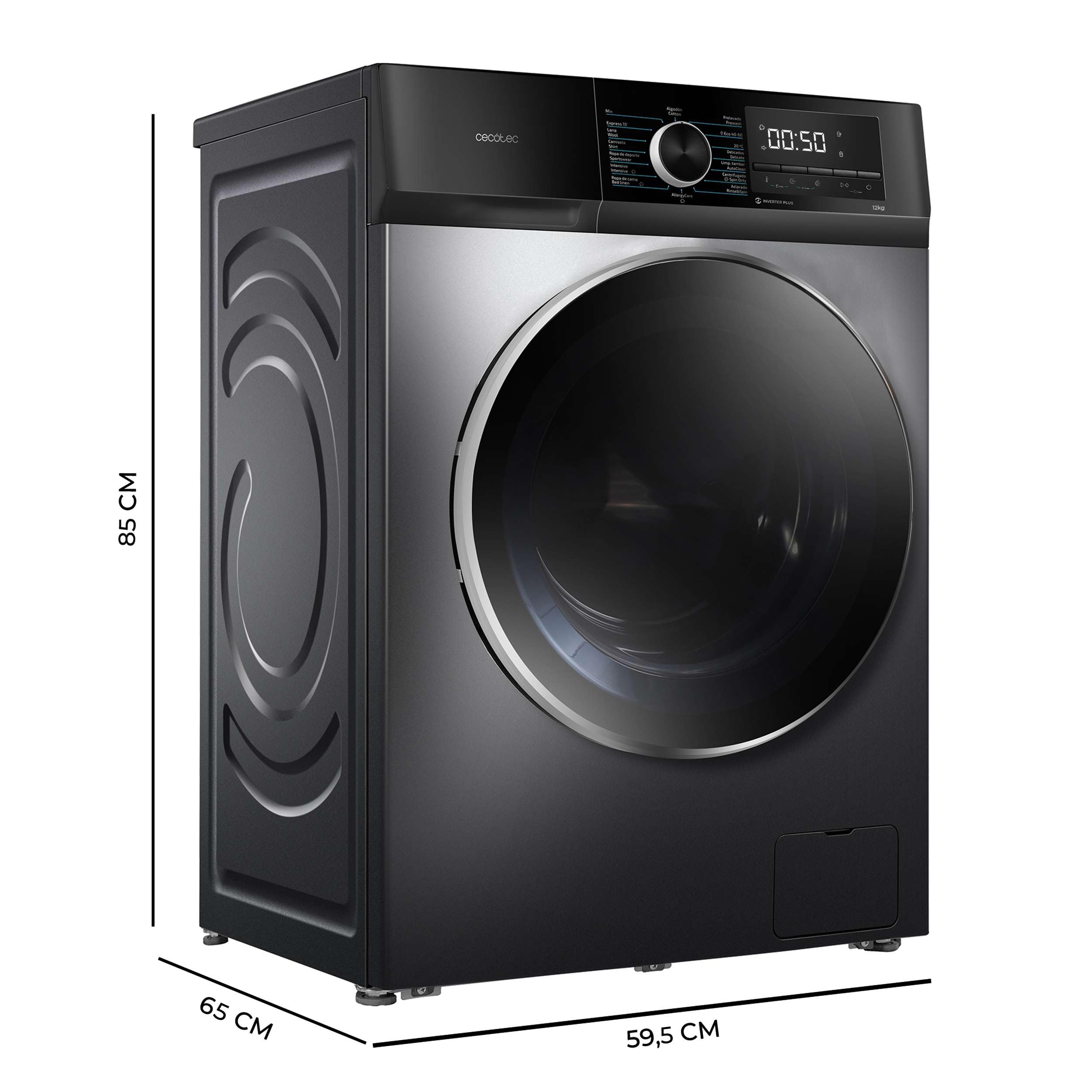 Cecotec Pralka 12 kg Bolero DressCode 12500 Inverter Steel. Wykończenie stalowe, Inverter Plus, SteamMax, 16 programów, czyszczenie parą, DelayStart, ekran pełnego sterowania