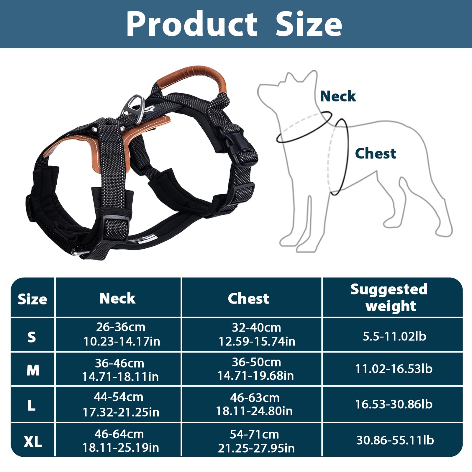 Pettorina per cani con imbottitura in pelle, catarifrangente, a prova di fuga, con fibbia ad A, regolabile in nylon (nero, XL)