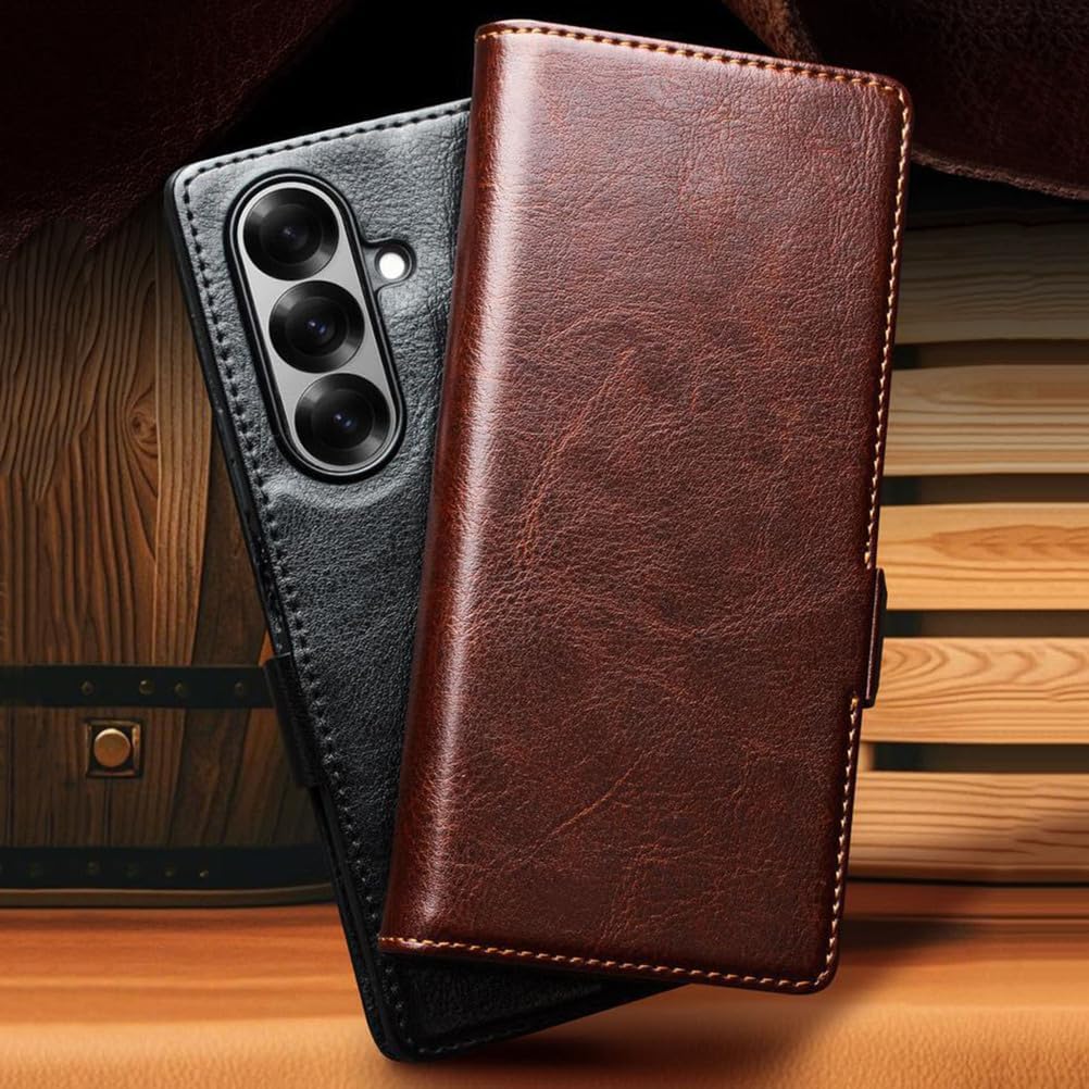 Wallet Case for Samsung Galaxy Z Fold 7, Classic Luxury Genuine Cowhide Leather Phone Cover Card Slots Flip Full Protection Internal Shell Brown