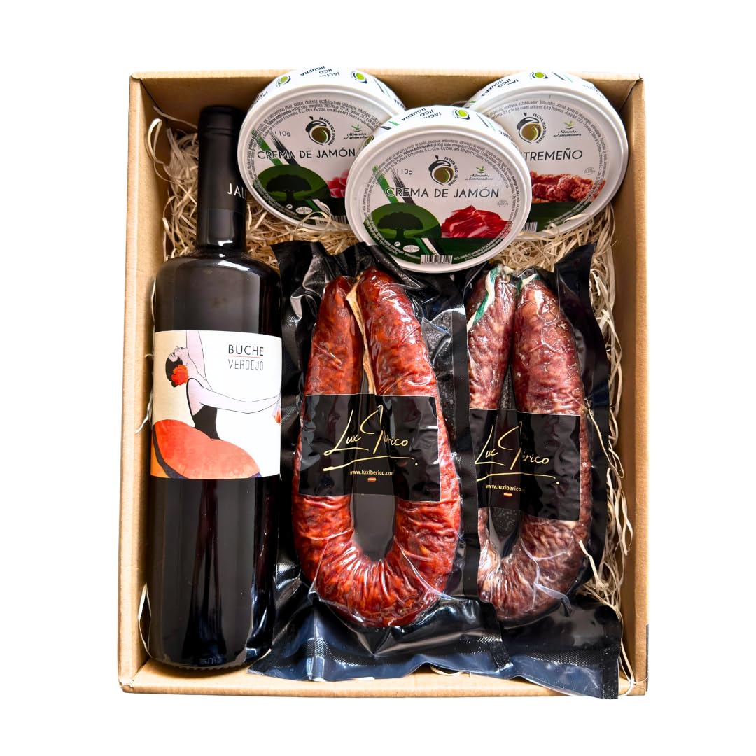 Cesta Gourmet Trajano - Vino Blanco Verdejo, Patés y Embutido | Vino blanco Verdejo, chorizo y salchichón ibérico y tres patés extremeños. Aperitivo con vino listo para regalar.