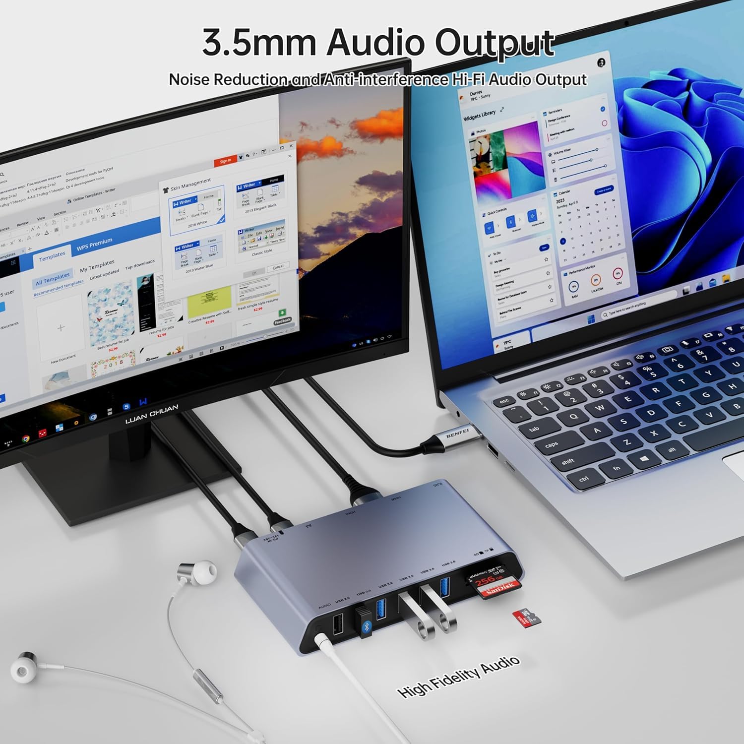 BENFEI DisplayLink - Docking station universale USB 3.0 12 in 1 con doppio display HDMI, 6 porte USB, lettore di schede SD/TF, rete Gigabit Ethernet, jack per cuffie femmina da 3,5 mm, compatibile con