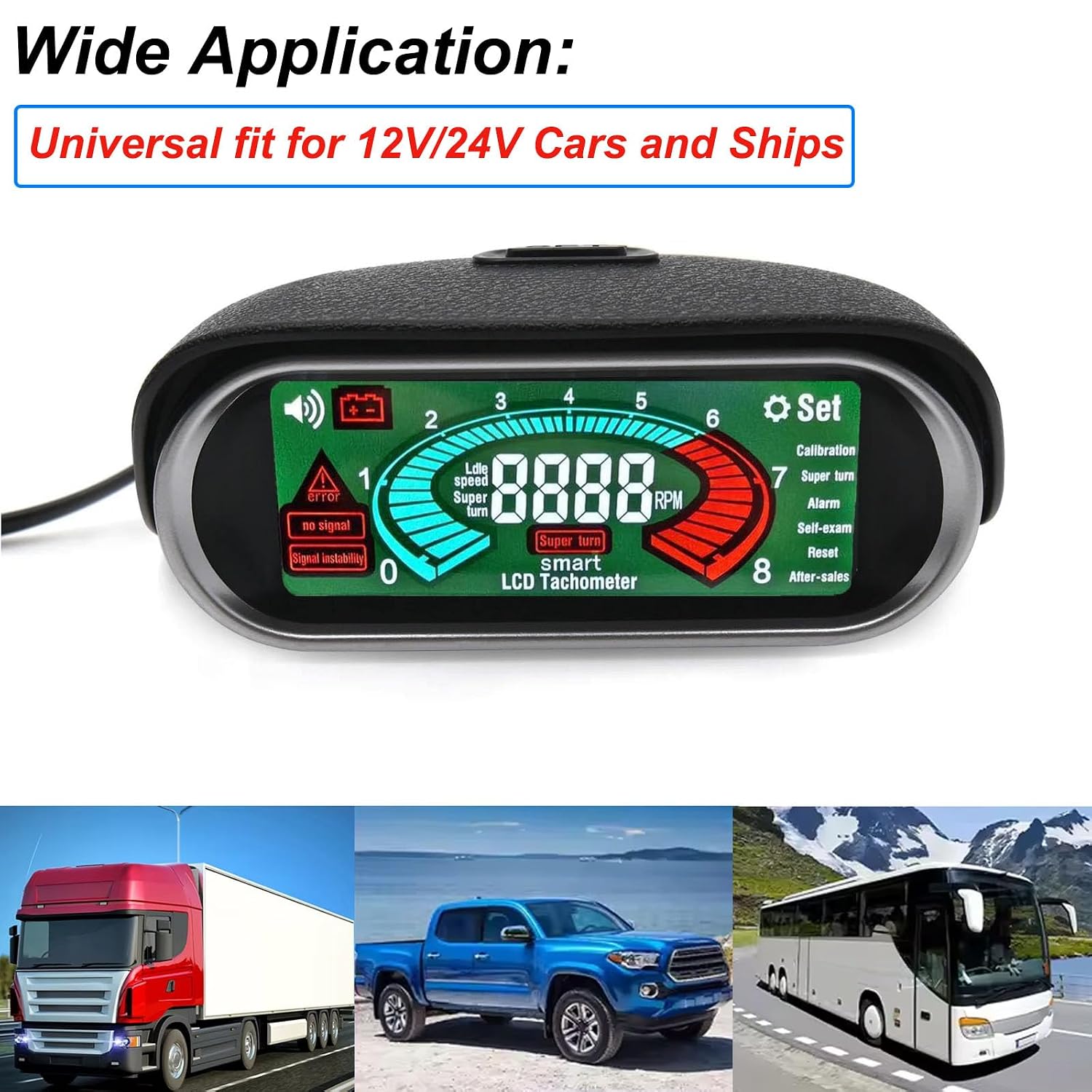 Digital Tachometer RPM Gauge 12V/24V for Gas & Diesel Engines, LCD Display with Speed/Voltage Alarms
