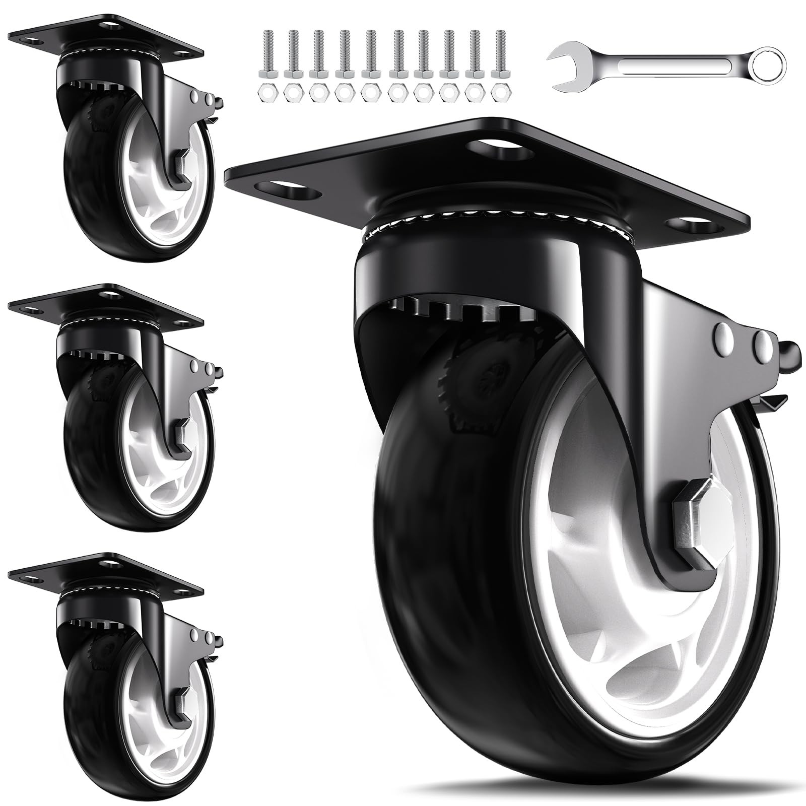 5 Inch Casters Wheels with Brakes, Polyurethane (PU) Silent Wheels Set of 4
