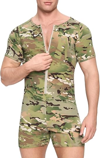Landofgenie Mens Short Sleeve Camo Zipper Onesie Pajama Romper
