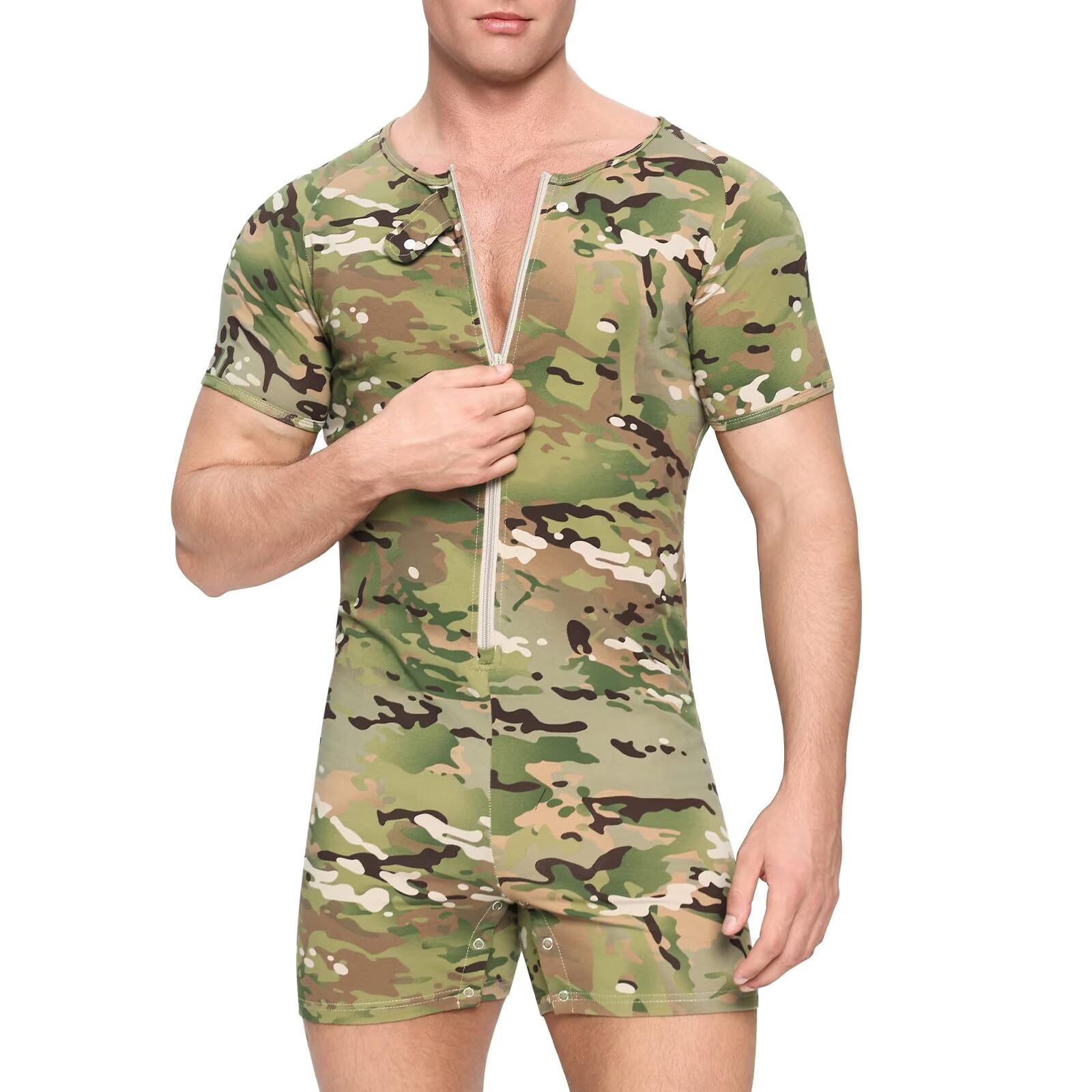 Men's Short Sleeve Camo Zipper Onesie Pajama Romper