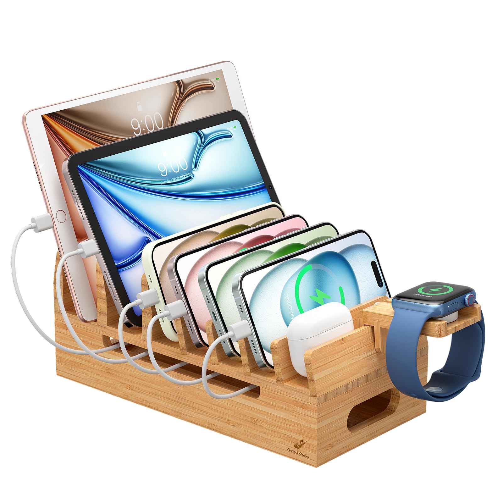 Pezin & Hulin Bambus-Ladestation mit Uhrenständer, Docking-Halterung für mehrere Geräte mit 5 Ladekabeln, Desktop-Dockstationen, elektronischer Organizer für Handy, Tablet, Uhr, natürlicher Bambus