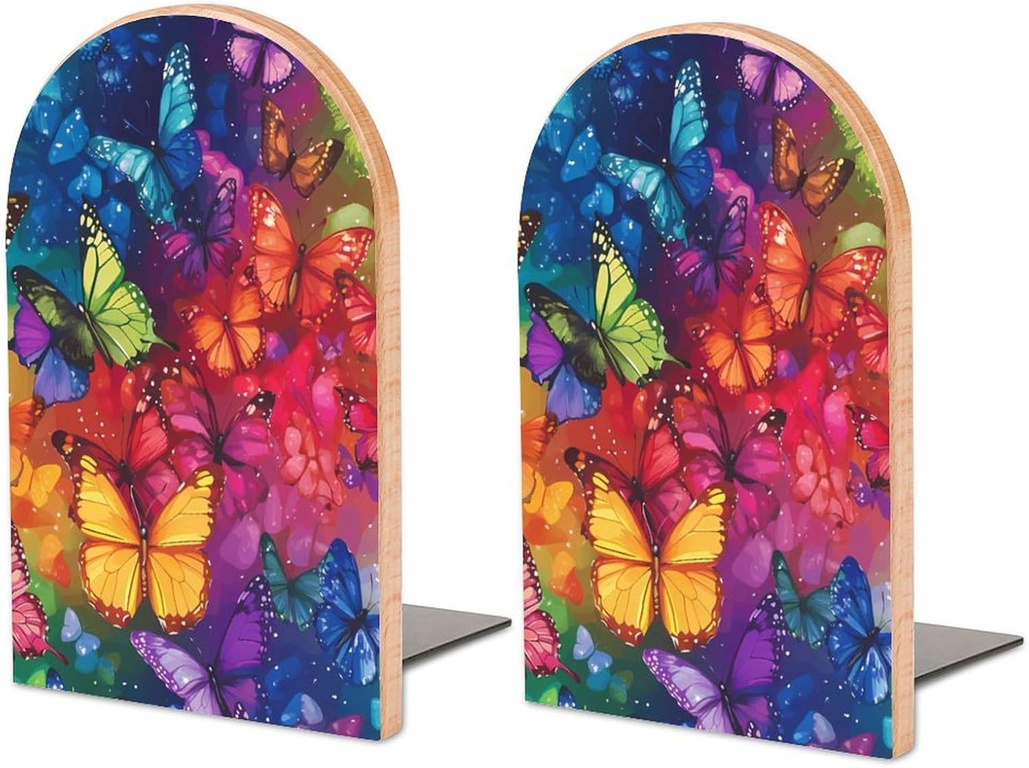Rainbow Colorful Butterfly Cute Wood Book Ends Decorative Bookends 1 Pair Non-Skid for Shelves Home Office 7 X 5 Inch
