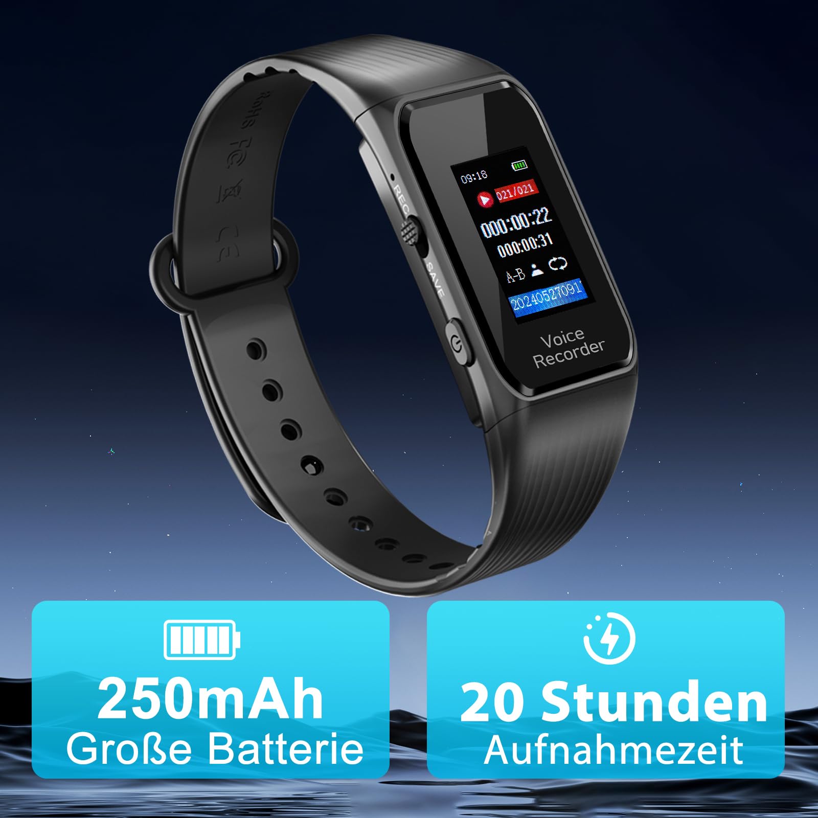 64GB Armband-Diktiergerät – Passwortschutz, EIN-Knopf-Aufnahme, 1536KB HD-Zeitgesteuerte Aufnahme, Sprachaktivierter Aufnahmegerät mit DSP-Rauschunterdrückung für Meetings Interviews Klassen