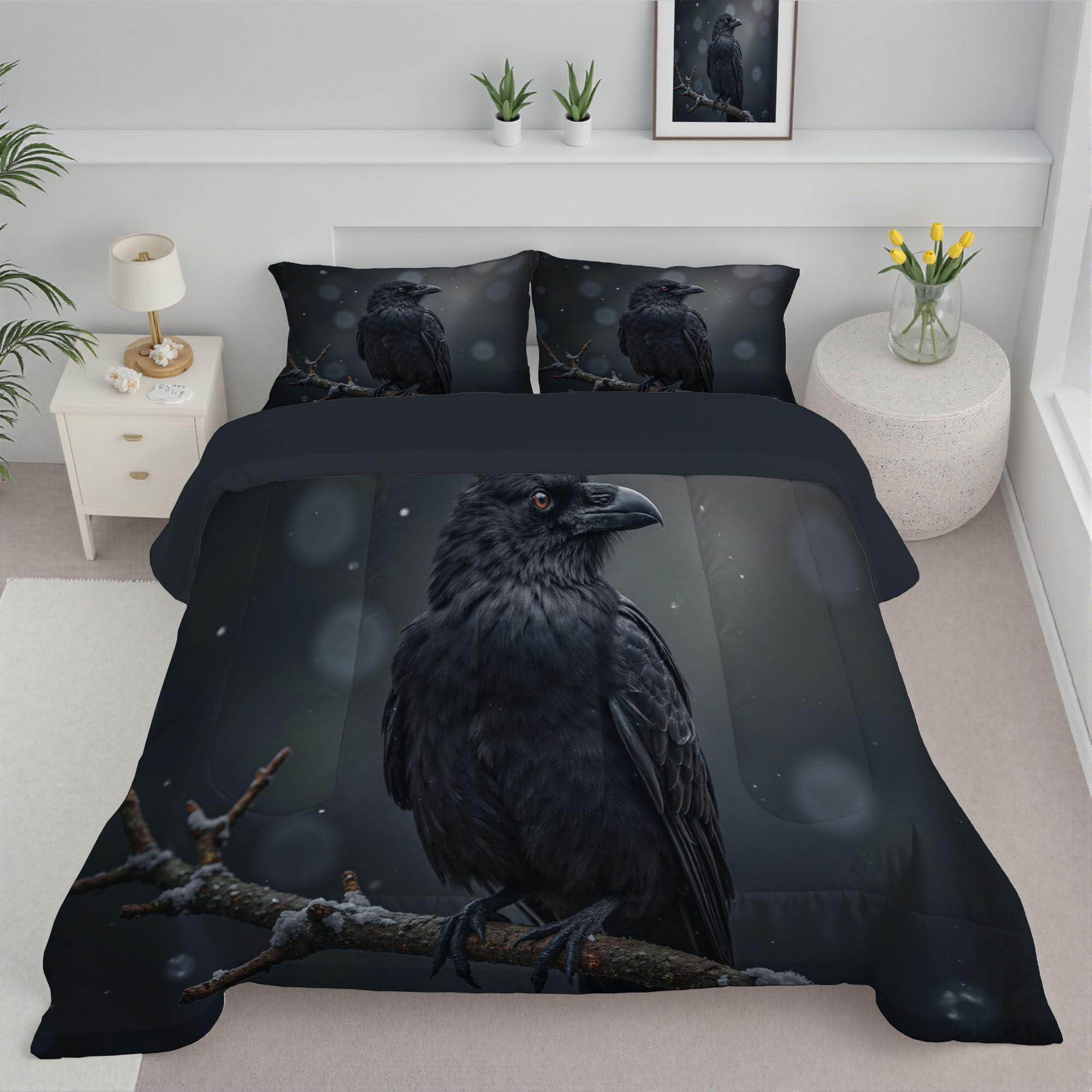 Edredon Cama 135/150 Cuervos Posados Ramas Árboles Estampado 3D, Edredón Nórdico 4 Estaciones 240x220cm, Colcha Transpirable De Microfibra Lavable Fantasía Animales, 2 Fundas De Almohada 50X75cm