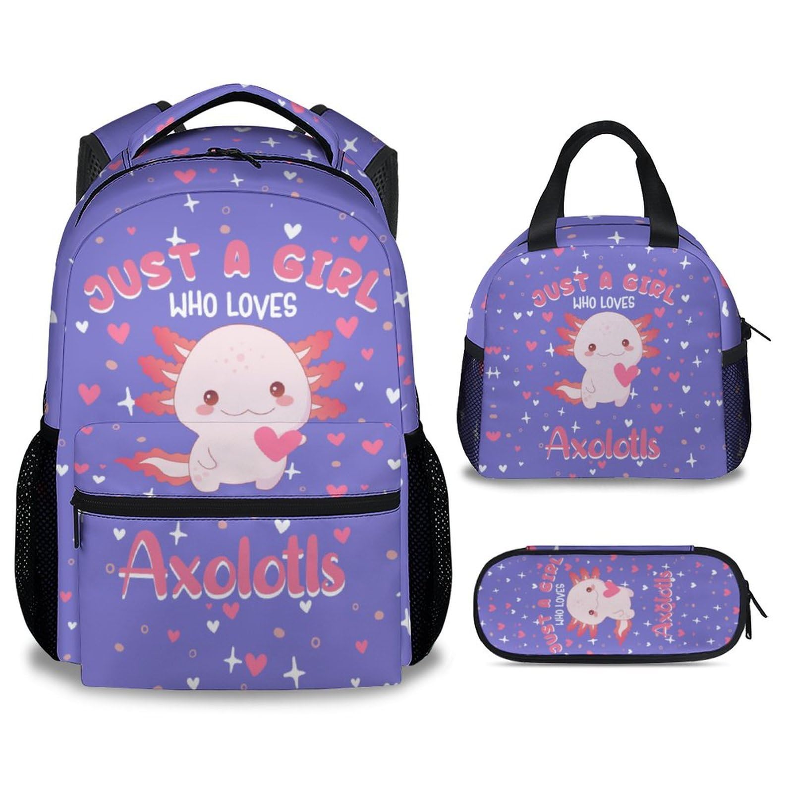 PAKKITOP Girls Backpack with Matching Lunch Box - Axolotl Backpacks with Lunch Bag Pencil Case Combo for Kids - Cute Purple Bookbag and Pencil Case