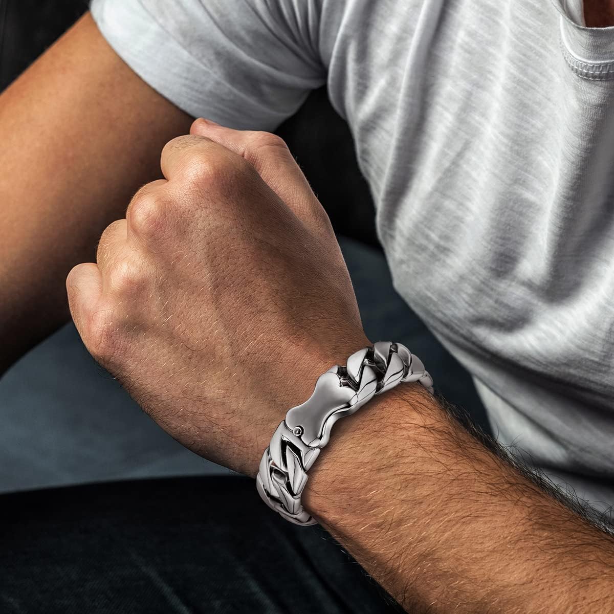 COOLSTEELANDBEYOND Masculine Mens Stainless Steel Large Curb Chain Bracelet with Dog Bone Charm, Polished