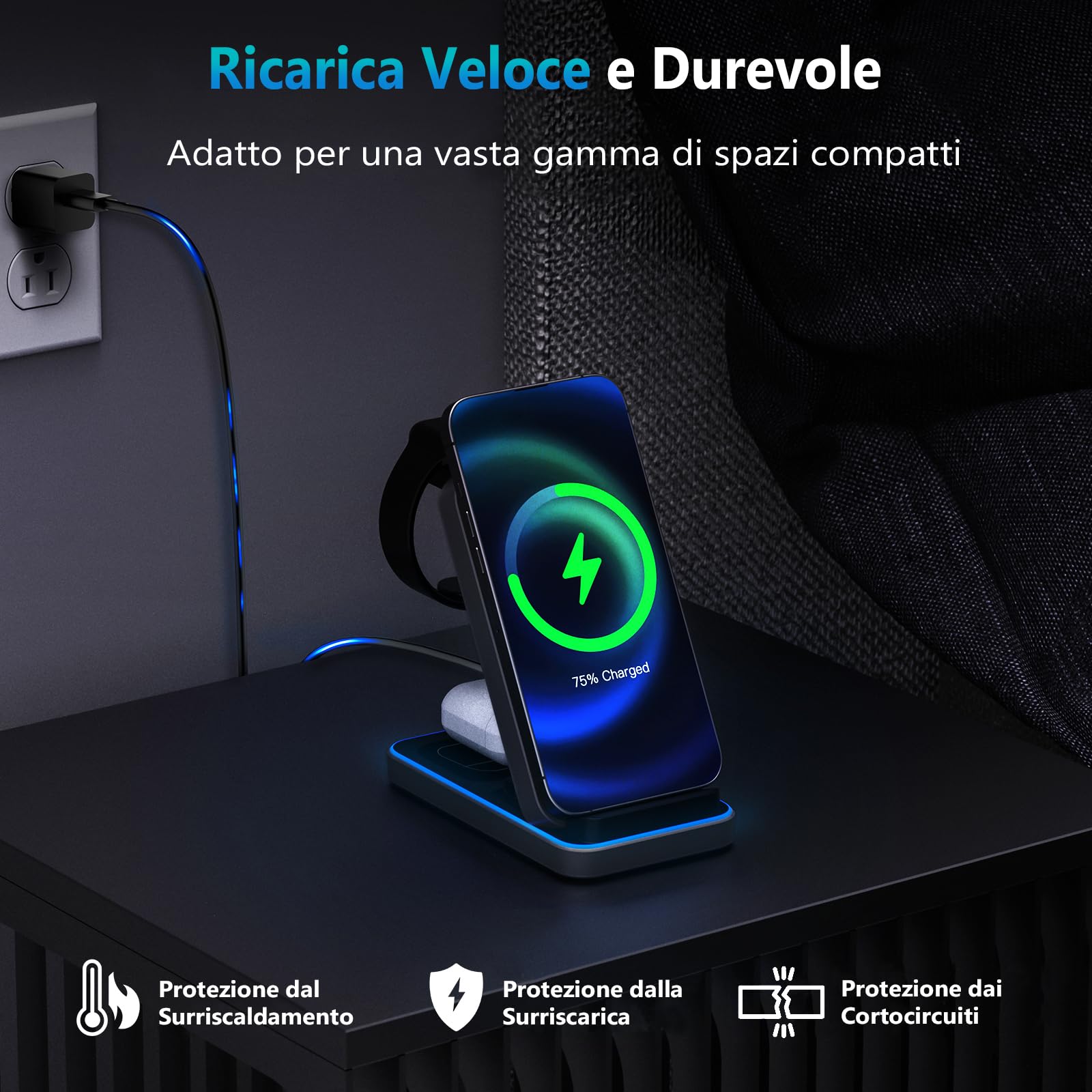 Stazione di Ricarica Wireless 3 in 1, Caricatore Pieghevole Wireless con Adattatore, Stand di Ricarica Multipla 15W Max per iPhone/Samsung/Apple Watch/Apple Earphones (Nero)