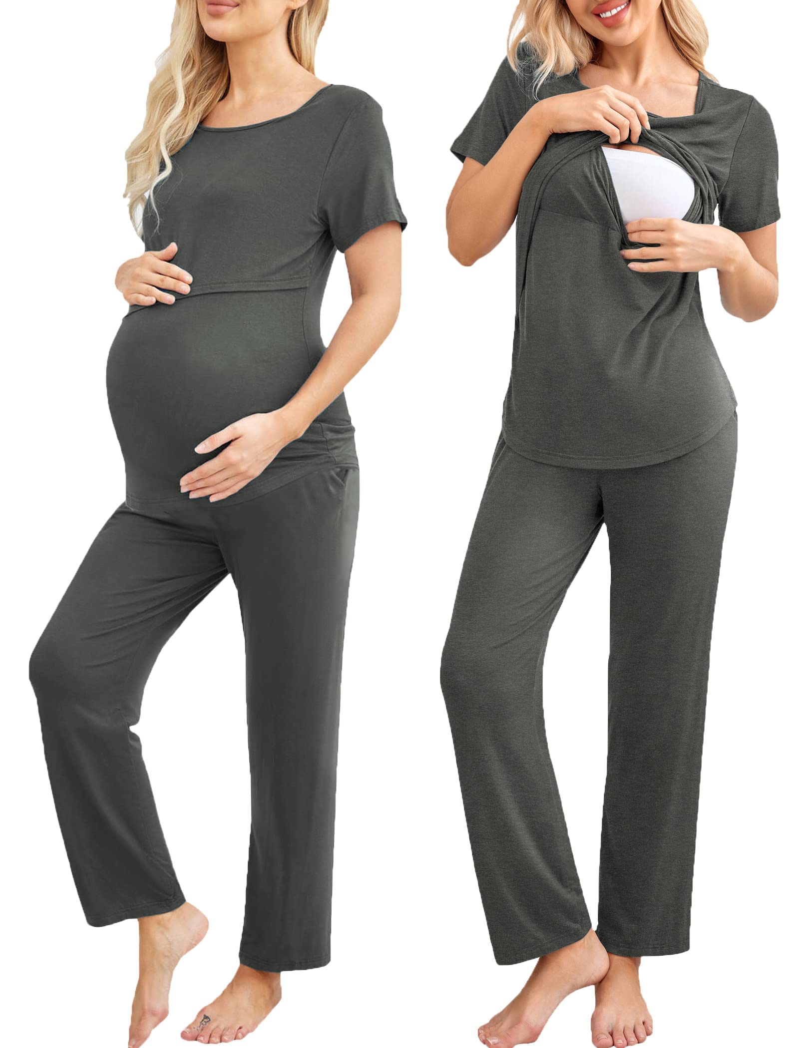 EkouaerWomen's Nursing Pajamas Maternity Pajama Postpartum PJS Breastfeeding Short Sleeve Top & Pants Sets with Pockets