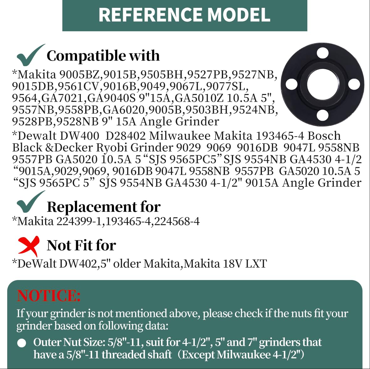 6 dadi per smerigliatrice angolare 5/8"-11 e albero di estensione per smerigliatrice angolare* 3 e chiave regolabile* 1 e chiave da 0,67 "* 1 per Makita Dewalt Milwaukee Metabo Bosch Ryobi Black