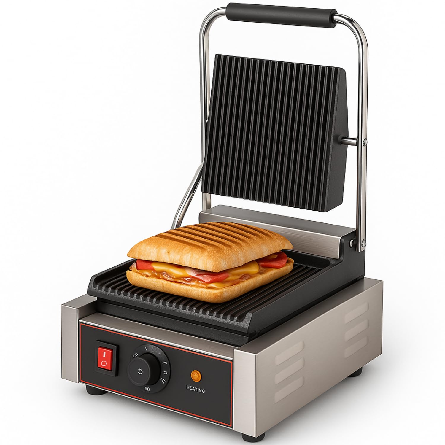 Grill Panini Elettrico Professionale 1800W - Piastre Ghisa Scanalate - Temperatura Regolabile fino a 300°C - Vassoio Grasso Inox - Struttura Acciaio Inox - Piastre 230x220mm - 230V