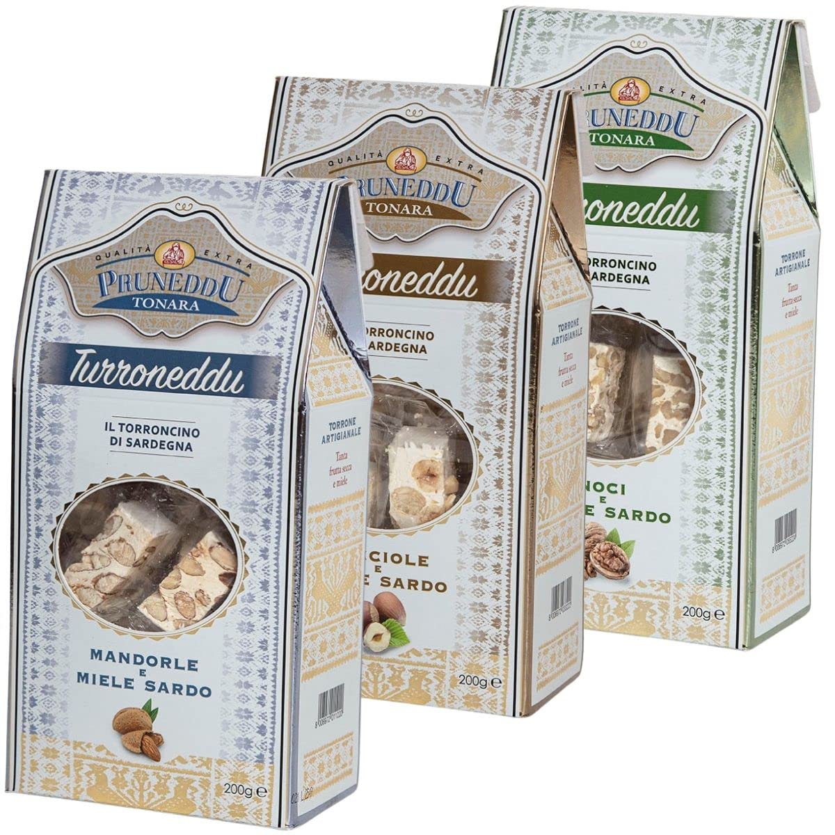 LA VELA Genusswelten Geschenk-Set "Torroncini aus Sardinien", 3 x Torrone Mandel - Haselnuss - Walnuss, handwerklich hergestellt im Familienbetrieb, weißer Nougat mit sardischem Honig