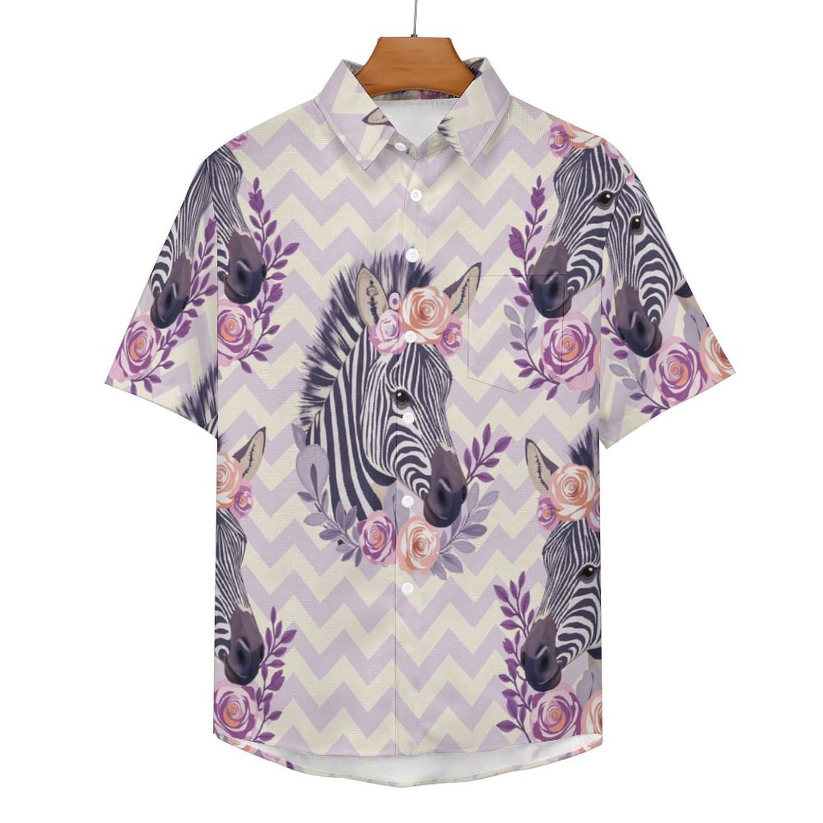 Camicie da Uomo a Maniche Corte con Stampa della Ghirlanda Testa di Zebra Motivo A Spina di Pesce, Casual Leggere Bottoni Camicia con Tasca Frontale, per Vacanze Spiaggia Estate
