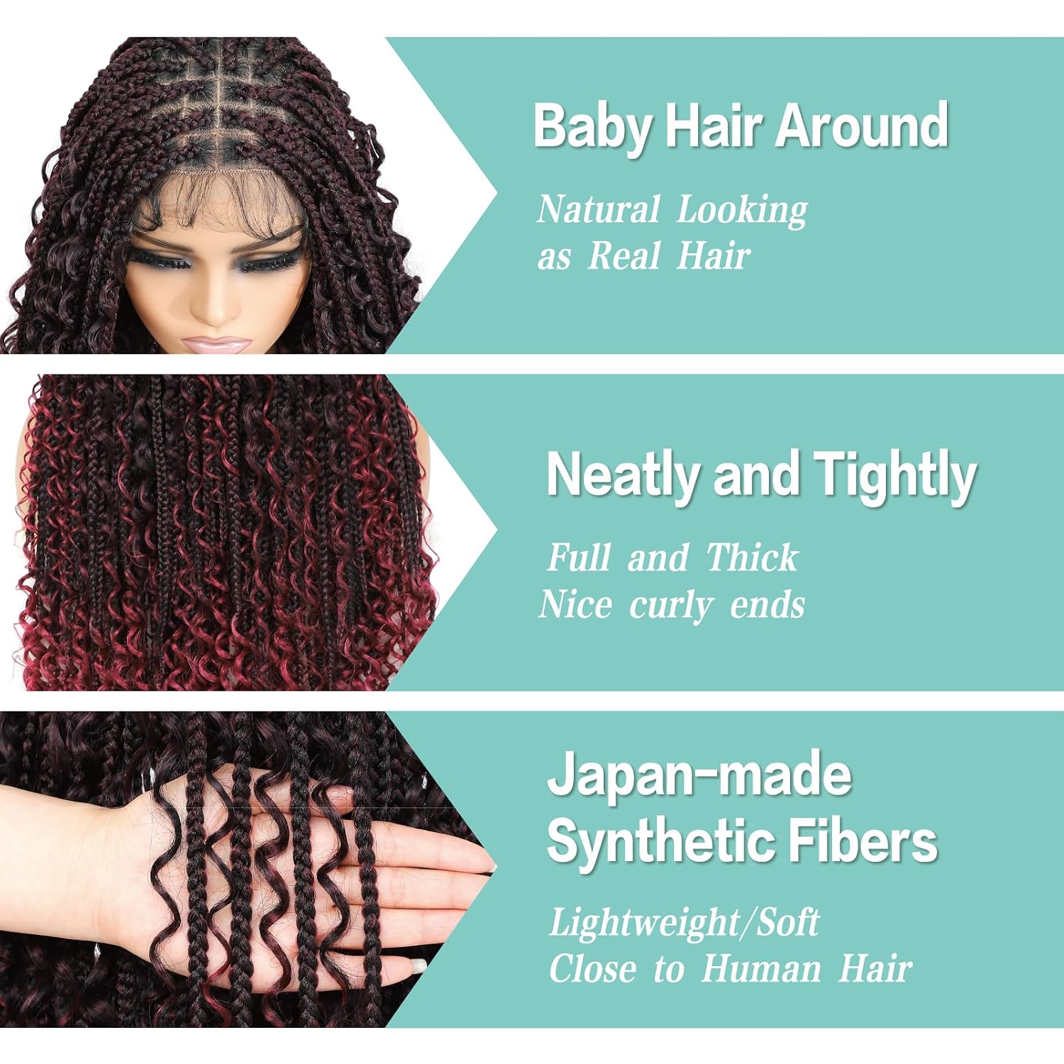 Bohemian Braid Wig with Baby Hair Full Lace Square Synthetic Boho Box Braided Curly Ends Wigs with for Woman Burgundy Red 36 Inch