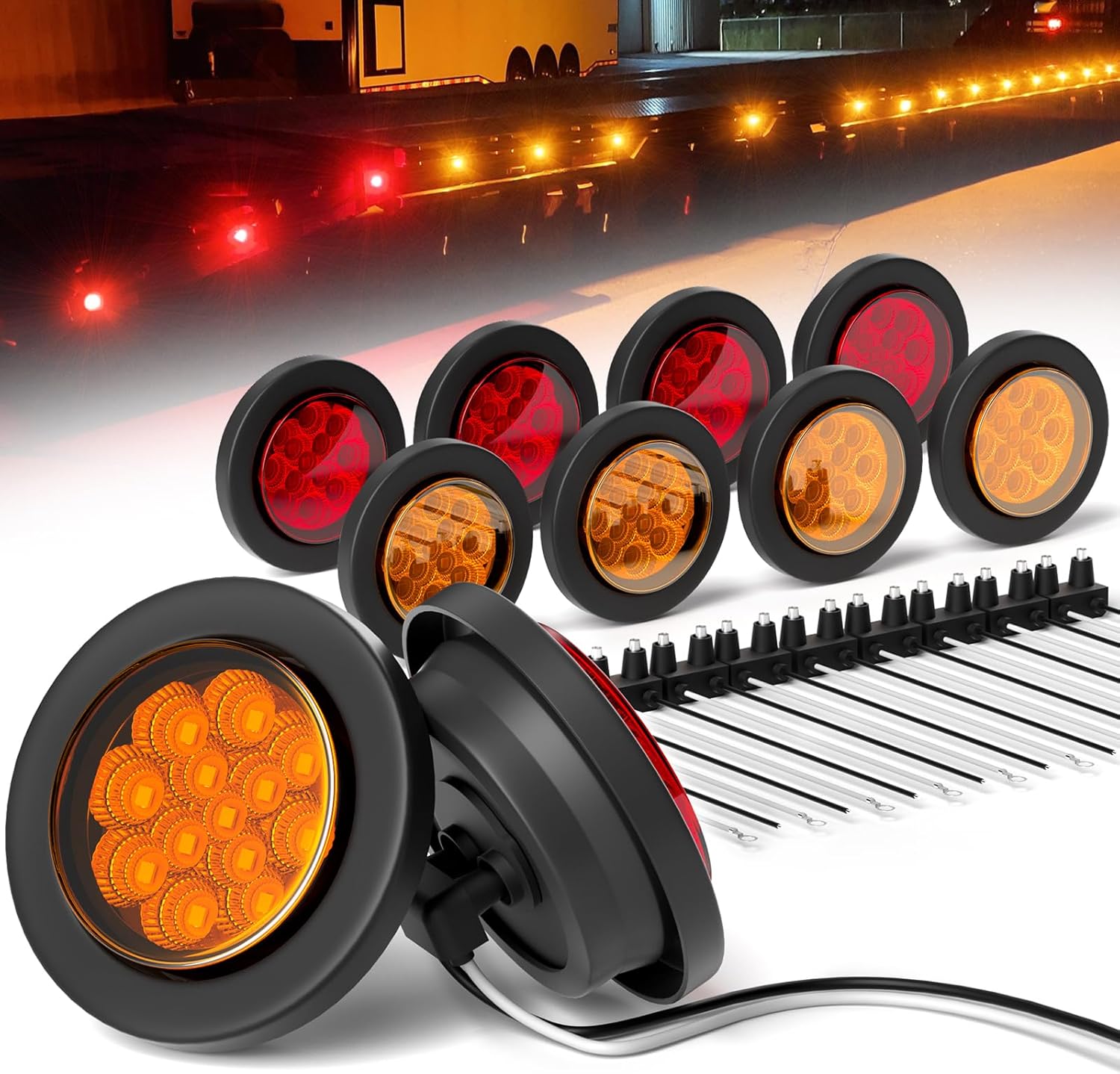 10-Pack 2 Inch LED Marker Lights, 5 Red + 5 Amber Flush Mount, Waterproof 12V Side Clearance Turn Signal Lights for Truck Trailer RV Camper