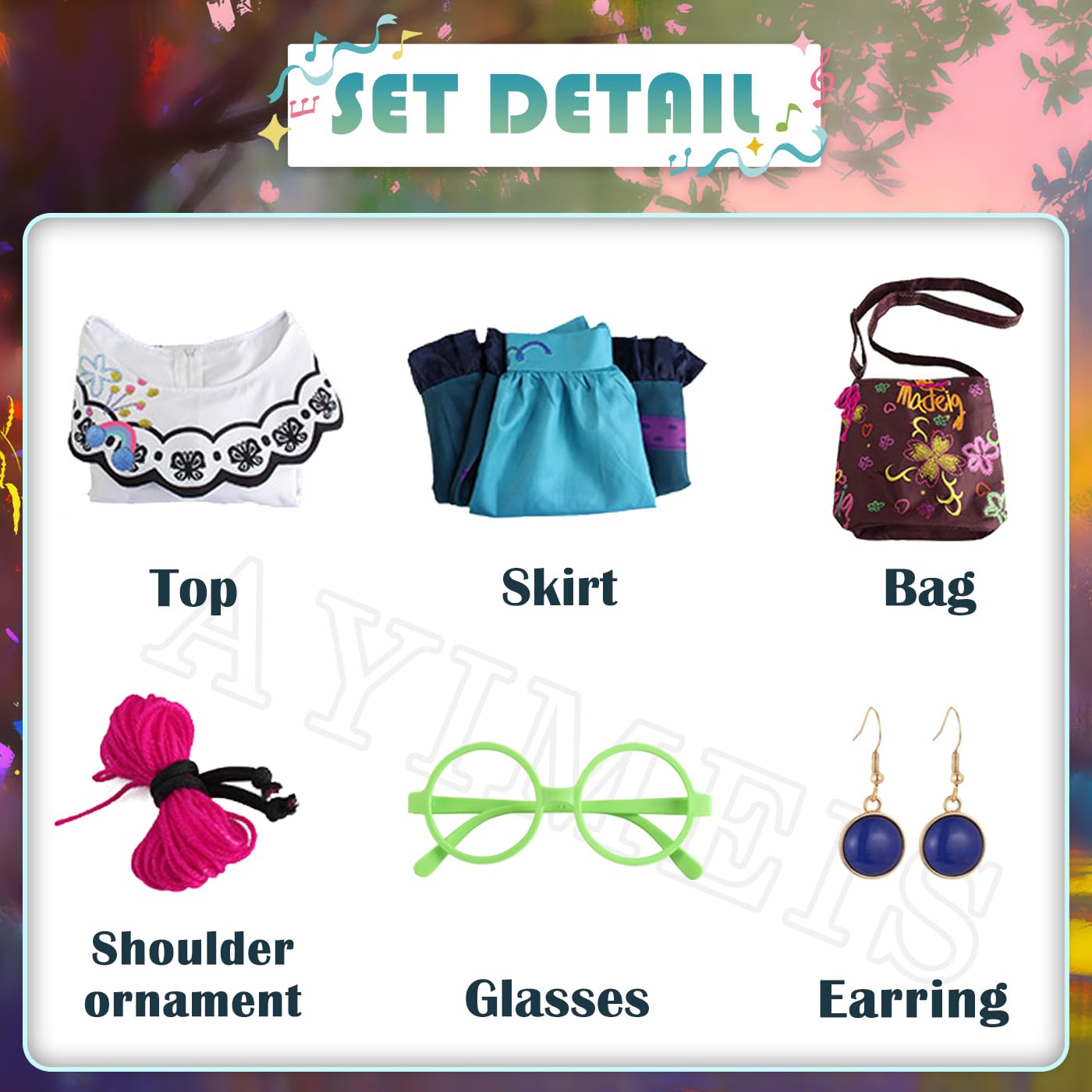 Donna Mirabel Cosplay Costume con Parrucca e Borsa Vestito da Principessa Fantasia Magica Mirabel Madrigal Costume Compleanno Partito Natale Halloween Anime Carnevale Vestito