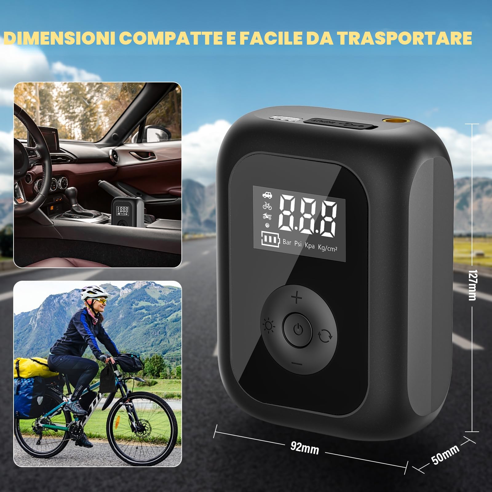 Onherm Compressore Aria Portatile, 6000mAh Pompa Bicicletta Elettrica 10,3 Bar/150PSI, Mini Compressore Portatile con Luce LED per Auto, Bici, Moto, Scooter, Pallone (Nero)