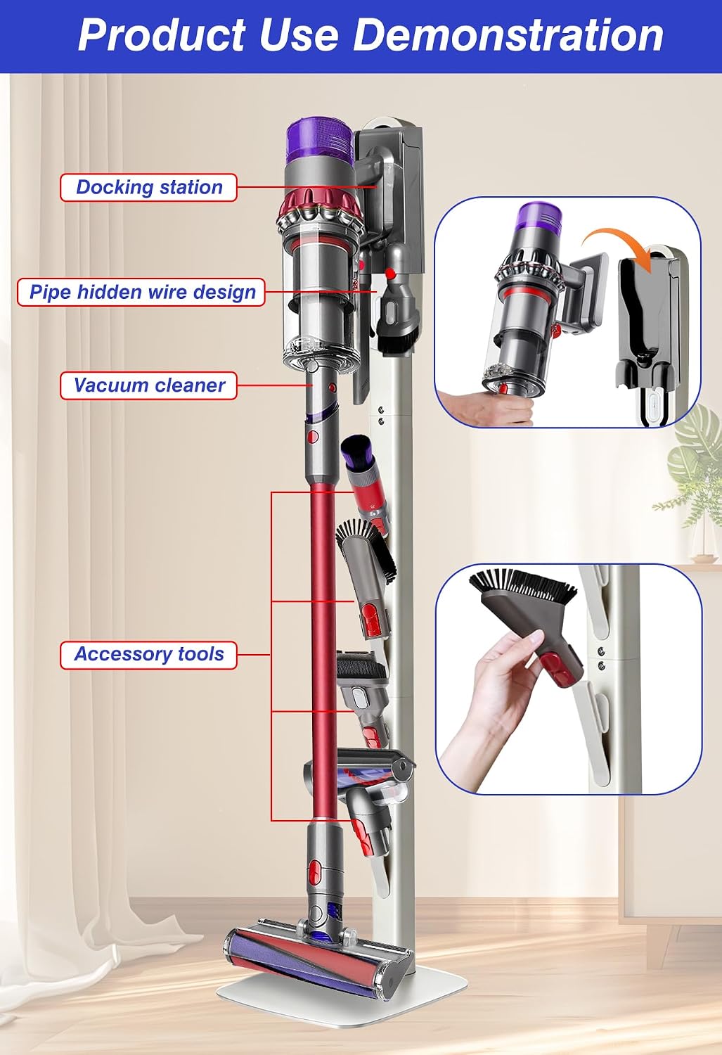 Haturi Vacuum Stand for Dyson Gen5detect V16 V15 V12 Detect V11 V10 V8 V7 V6 Handheld Cordless Vacuums, Vacuum Holder and Metal Storage Bracket with Hidden Cord Design & Multiple Hooks, White