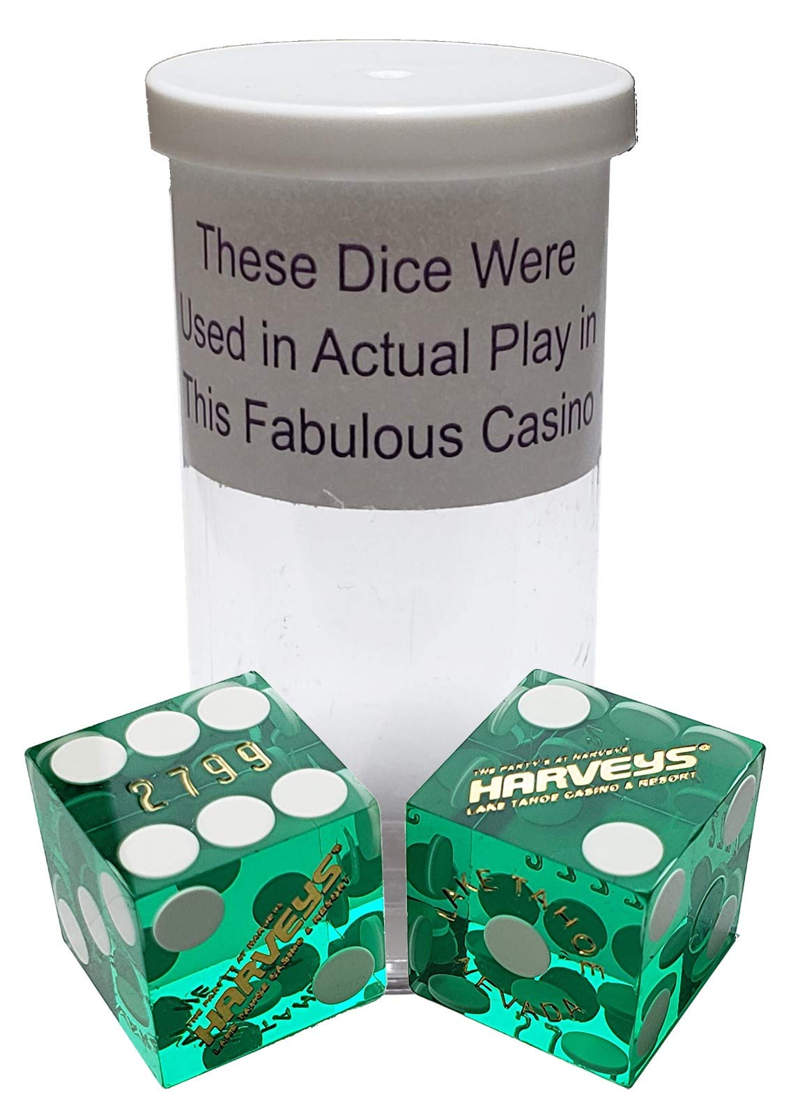 Matching 19mm Craps Dice Pair - Authentic Nevada Casino Table-Played Dice - Lake Tahoe Harvey's (Green Polished)