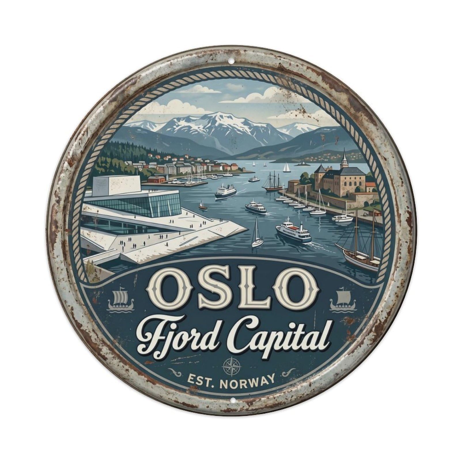 Vintage Travel Oslo Fjord Harbor Metal Tin Sign Plaque Wall Decor for Cafe, Club, Garden Round Metal Poster 8x8Inch