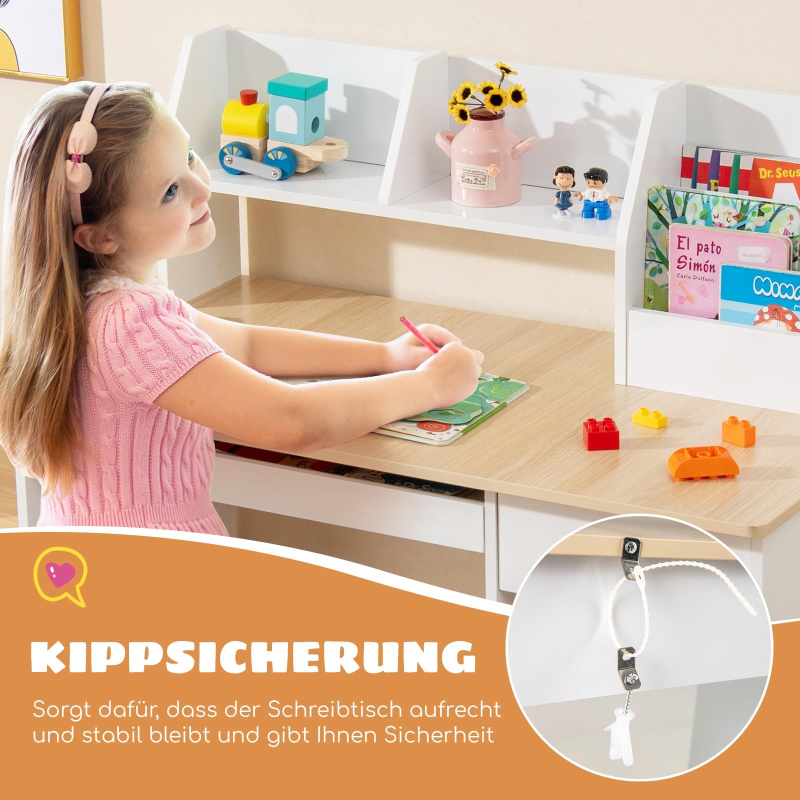 GOPLUS Kinderschreibtisch, Kinder Schreibtisch mit Bücherregal, Schublade & 4 offenen Ablagen, Kindertisch mit Tastaturablage, Jugendschreibtisch mit Kippschutz, Schreibtisch für ab 3 Jahren (Natur)
