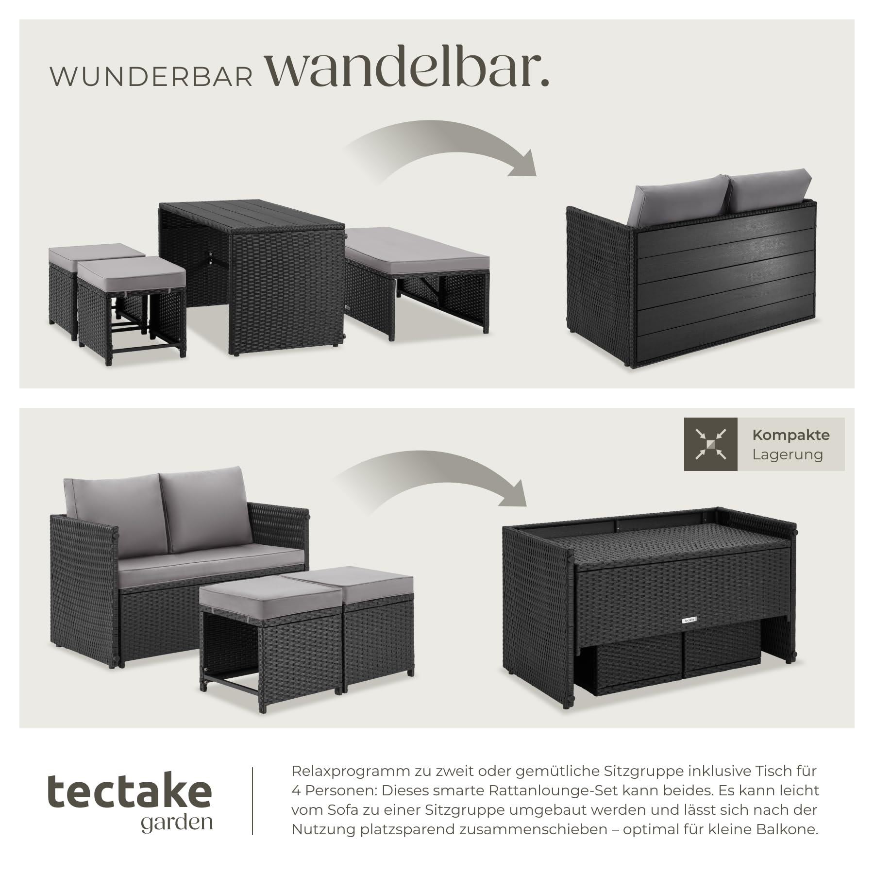 tectake® 2in1 Rattanlounge für 4 Personen, Set mit Tisch mit Schraubfüßen, Tischoberfläche in Holzoptik, Polyrattan Gartenmöbel, als Gartensofa oder Sitzgruppe, Terrassenmöbel, Lounge - schwarz