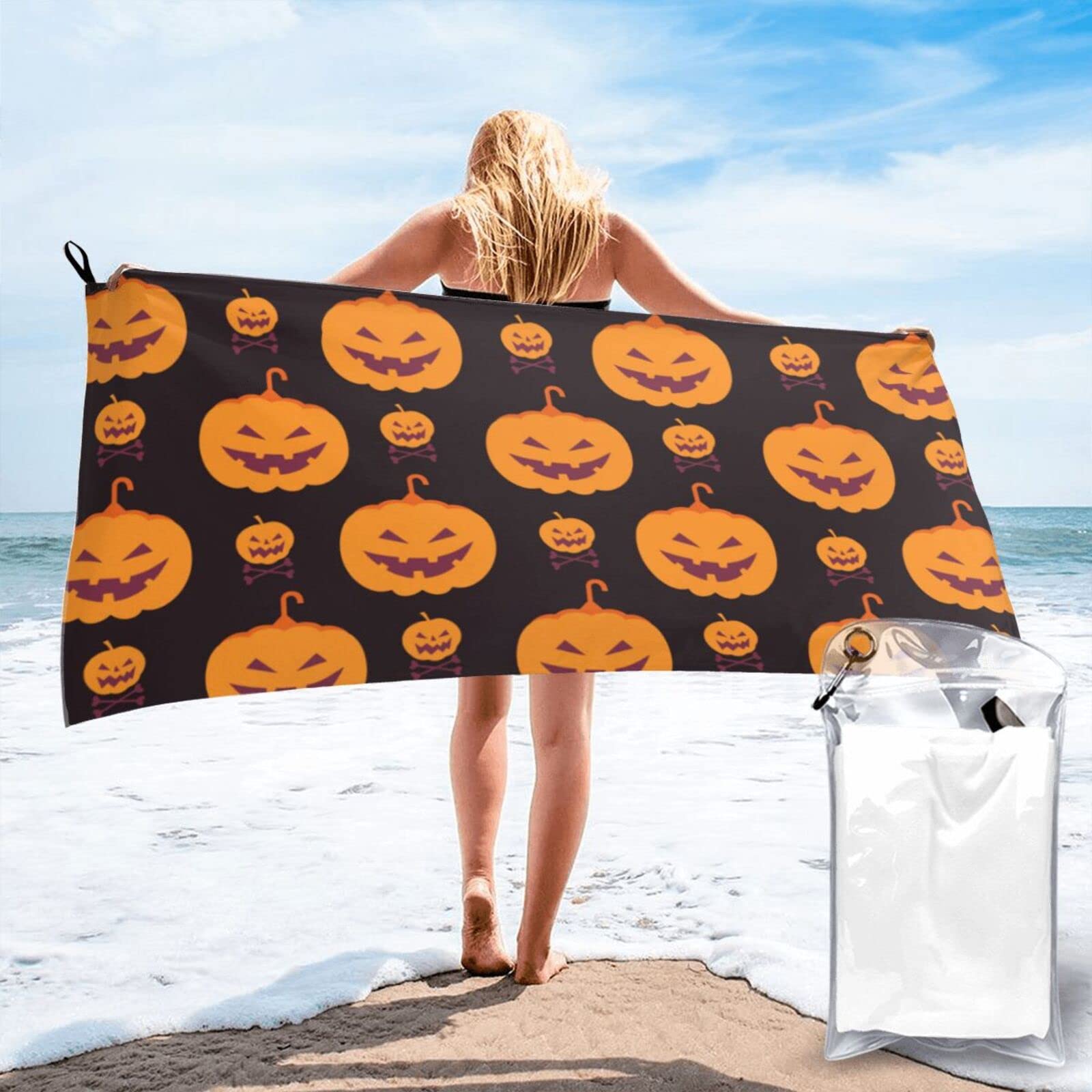 Lawenp Happy Halloween Pumpkin Microfiber Beach Towel Adults Large Quick Drying Bath Towel Travel Towels with Pouch 31.5"x63"