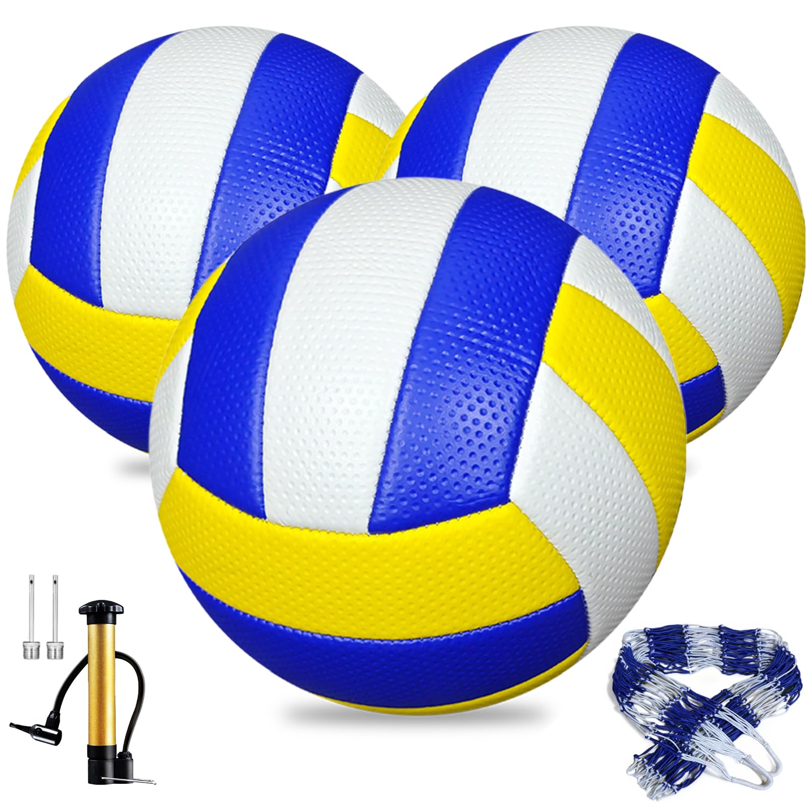 TXONKEXU 3 Pack Soft Touch Volleyballs Official Size 5, Indoor Outdoor Beach Gym Training Game Balls for Kids Teens Adults with Pump Needle & Mesh Bag (Blue)