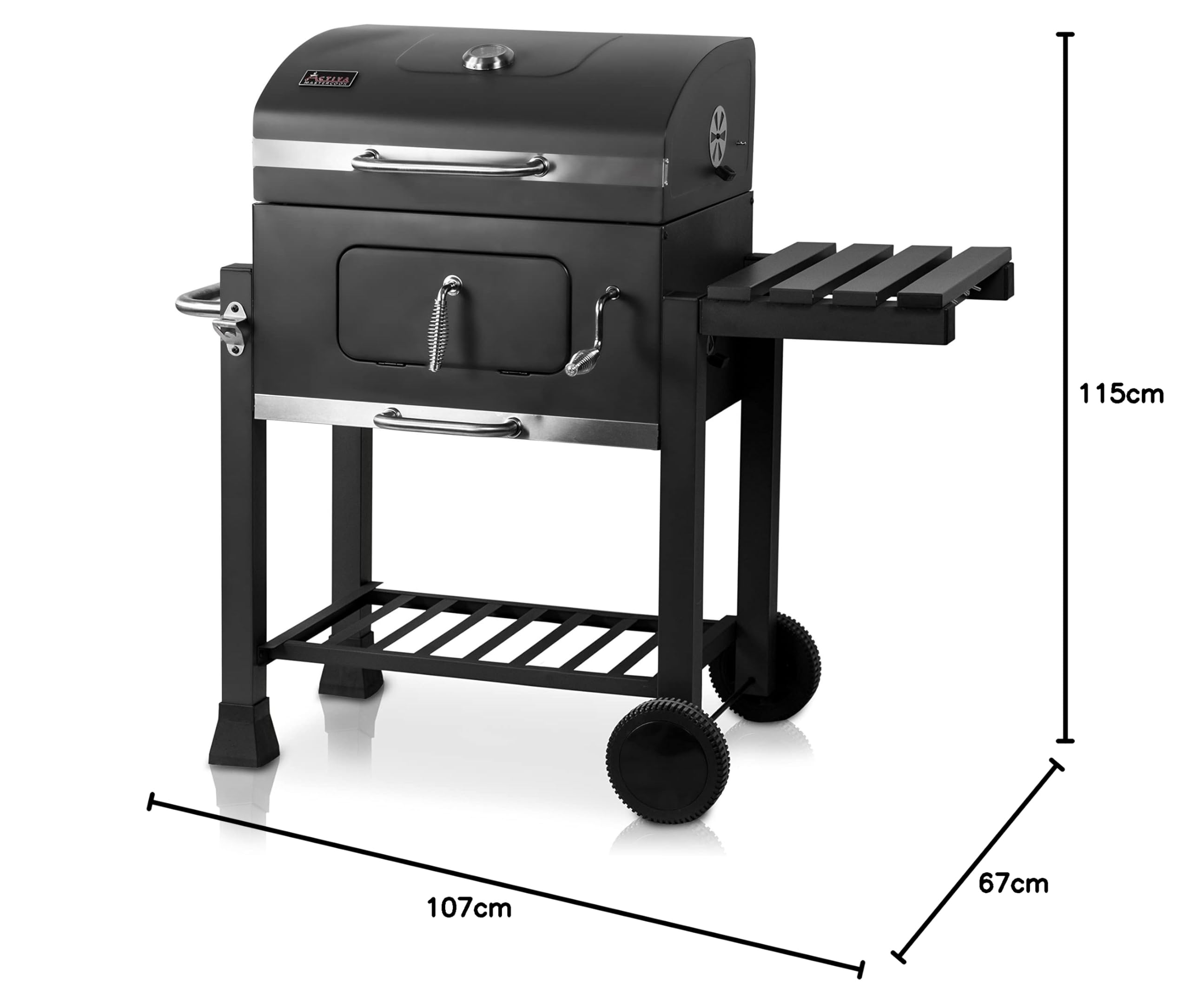 ACTIVA Holzkohlegrill Angular Guss inkl. Gusseisenrost & wetterfester Abdeckhaube I Holzkohlegrill mit Deckel, verstellbarer Kohlewanne & Thermometer I Grillwagen